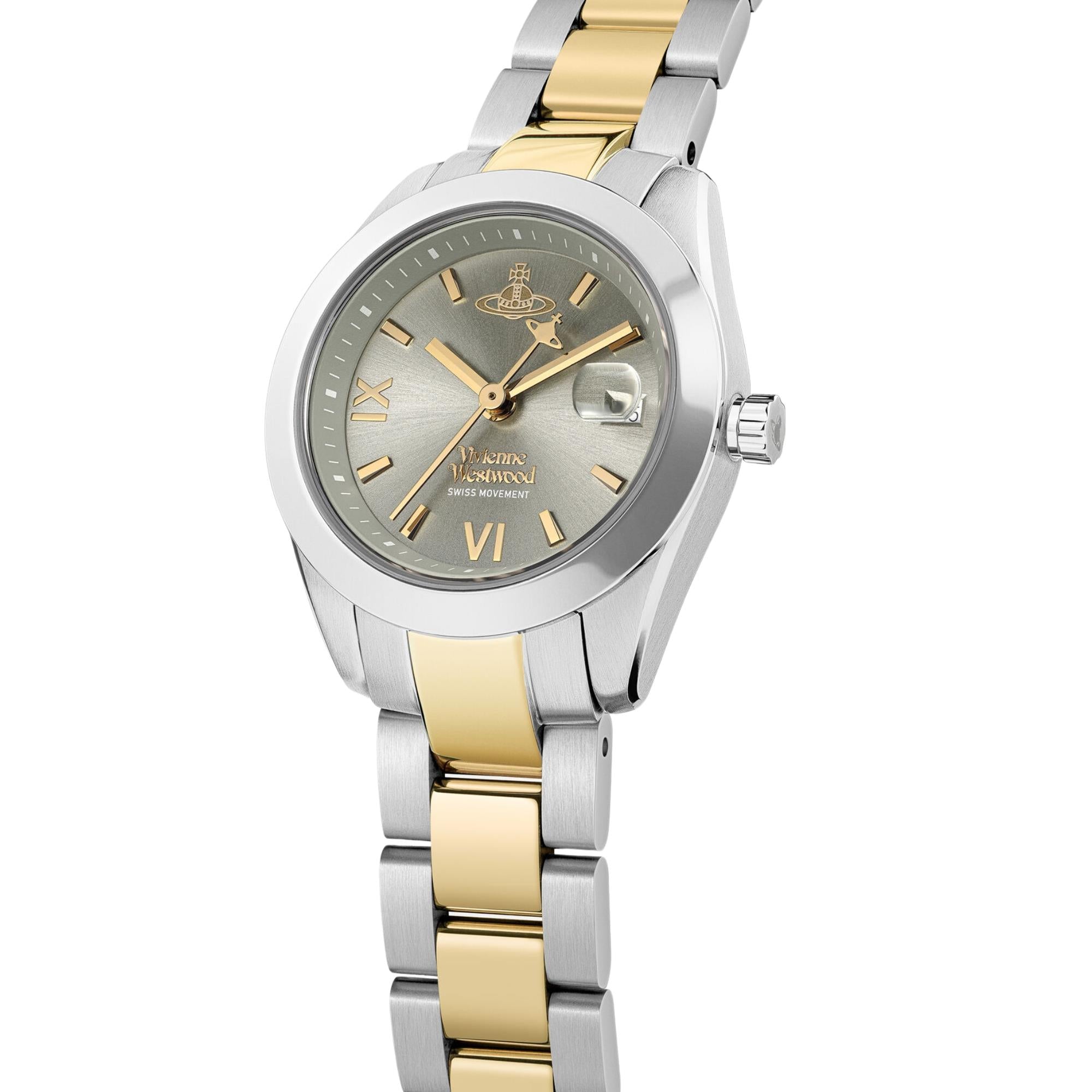 Vivienne Westwood Fenchurch women's watch with a grey dial and two tone stainless steel bracelet. Side profile view.