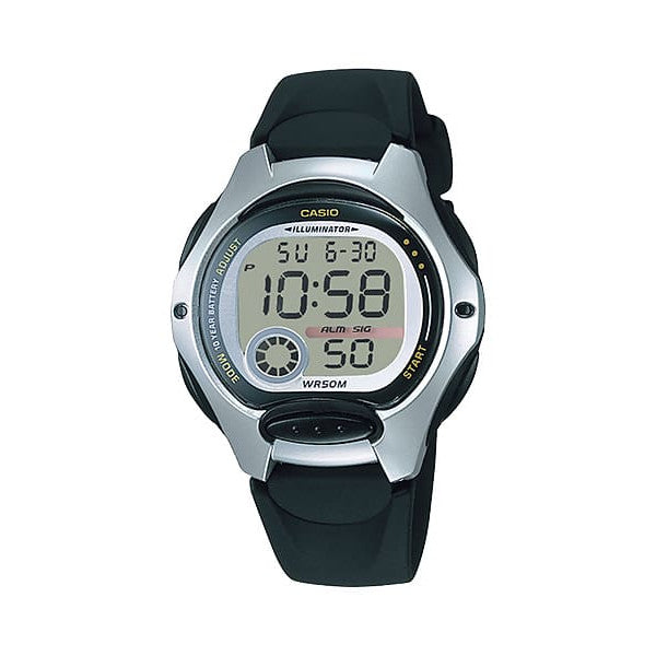 Casio LW200-1A women's digital watch with a black resin case and strap, front view