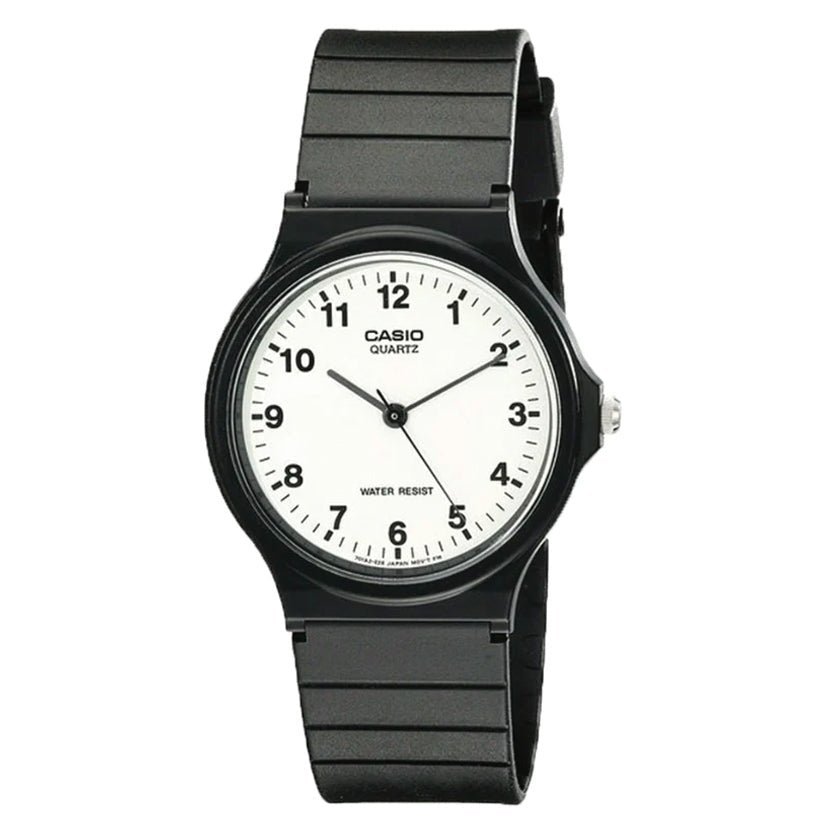 Casio MQ24-7B unisex analogue watch with a white dial on a black resin strap, front view
