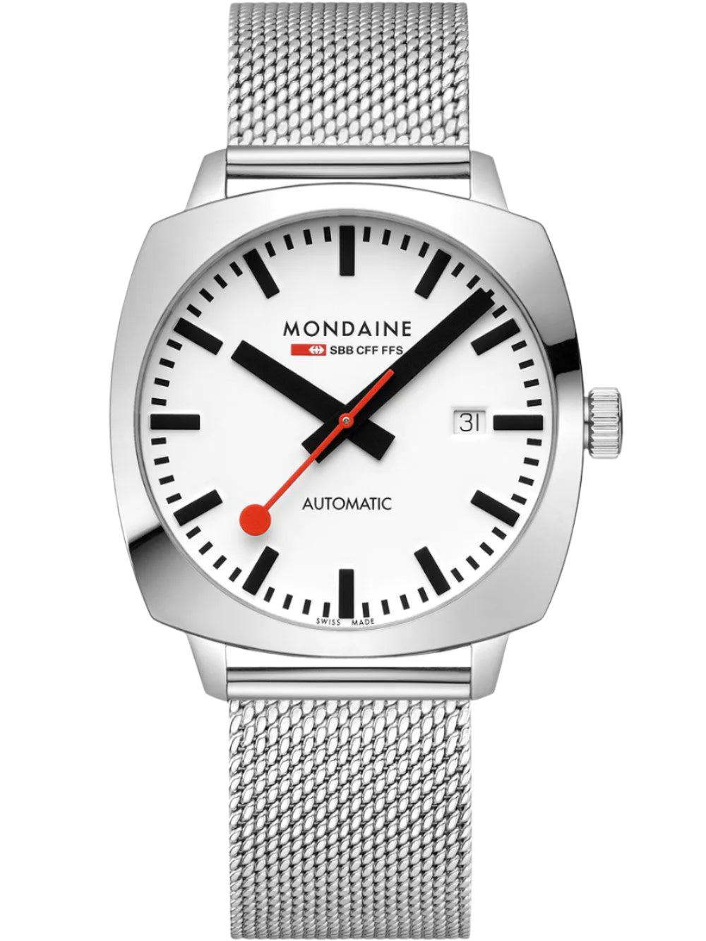 Mondaine Cushion Automatic White Dial Stainless Steel Watch MSL.3961B.SM
