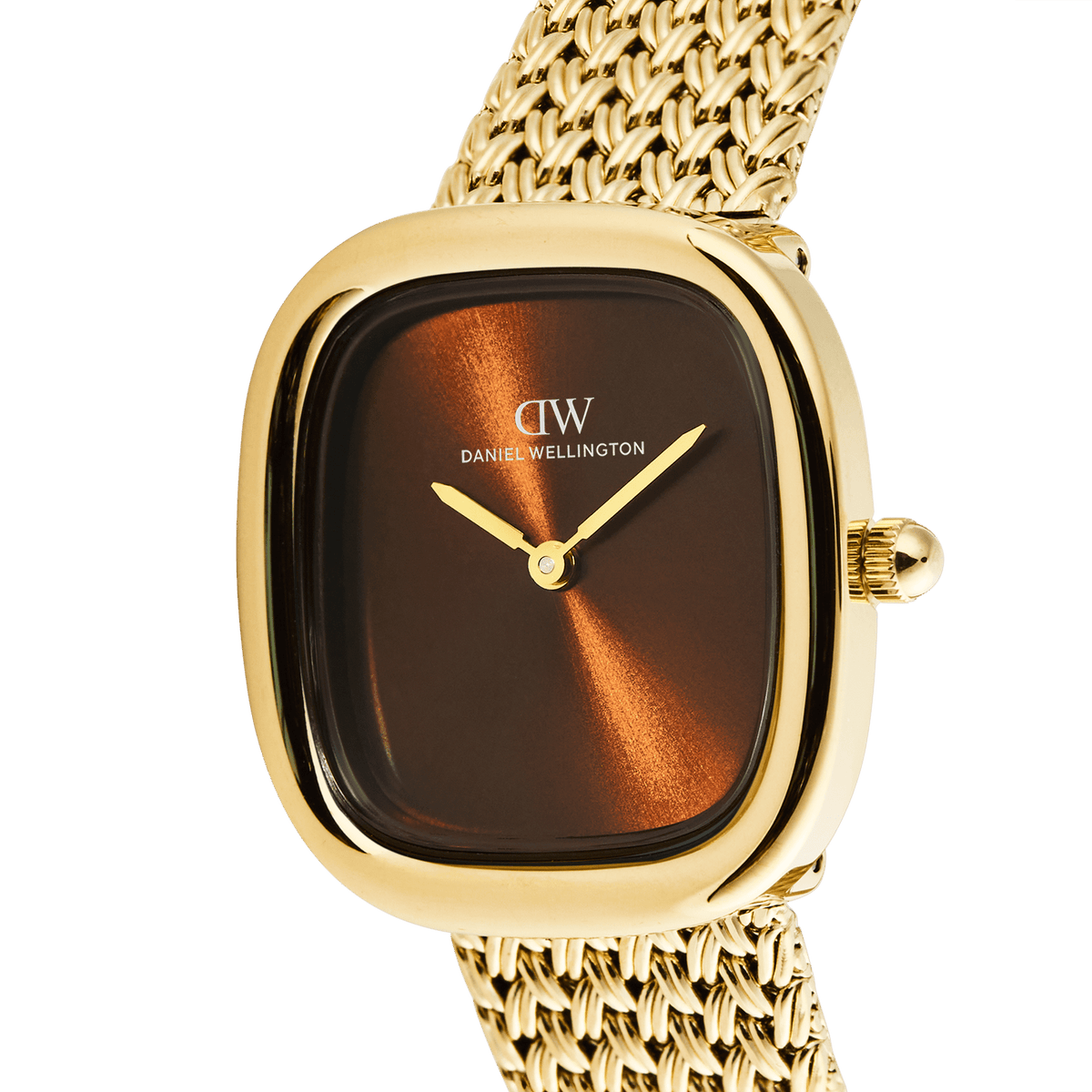 Daniel Wellington Margot Braided Mesh Amber Gold DW00100968 women's watch with brown sunray dial and gold mesh strap