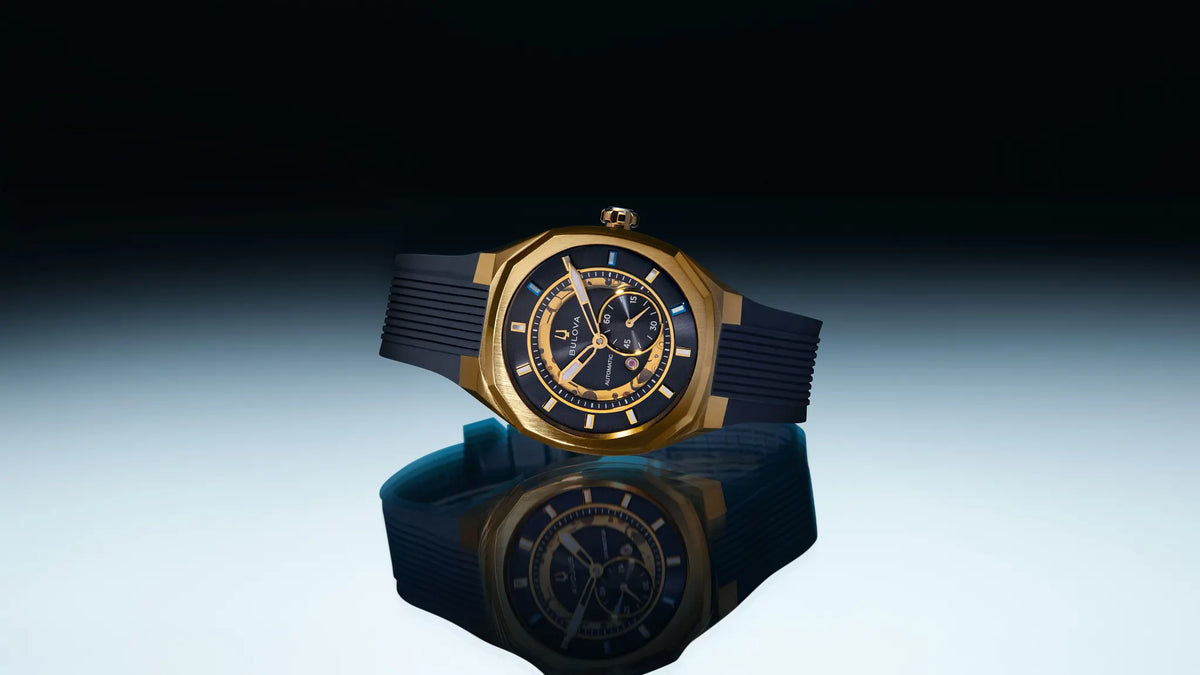Bulova Marc Anthony Surveyor 97A205 automatic men's watch with blue sunray dial and blue rubber strap — strap detail