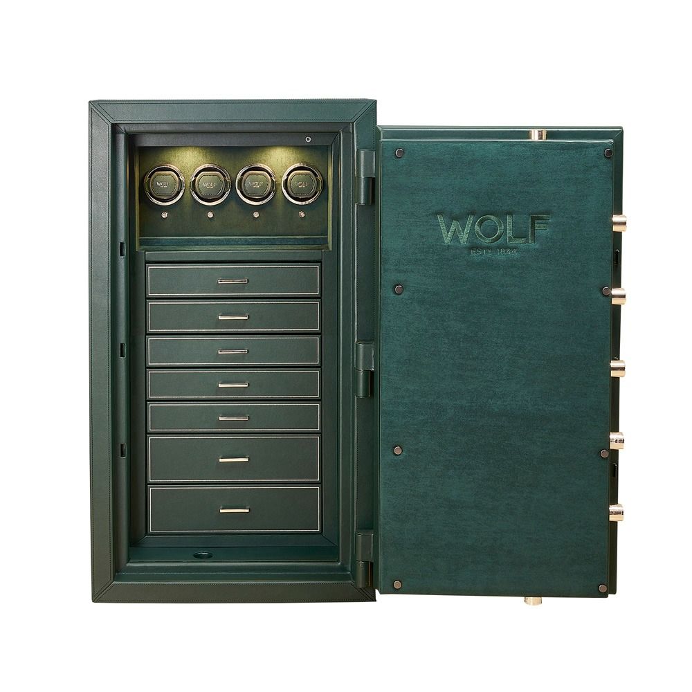 WOLF Athos 4 Piece Watch Winder Safe in Green, front view with the door open