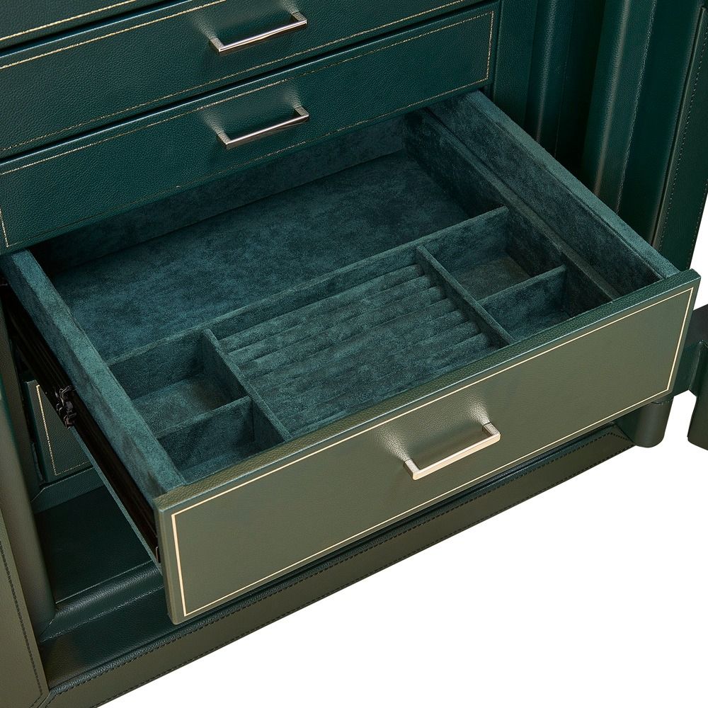 WOLF Athos 8 Piece Watch Winder Safe in Green, open LusterLoc drawer with ultrasuede trays