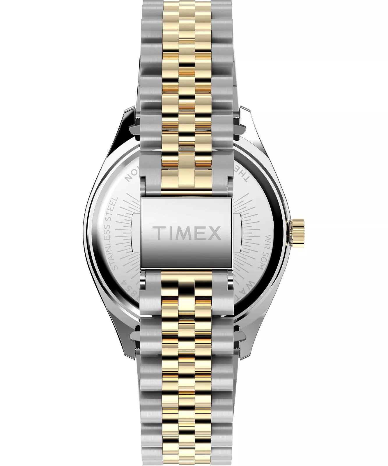 Back view of Timex Legacy 36mm Two-tone Case and Bracelet with Green Dial TW2W87400 showing clasp detail.