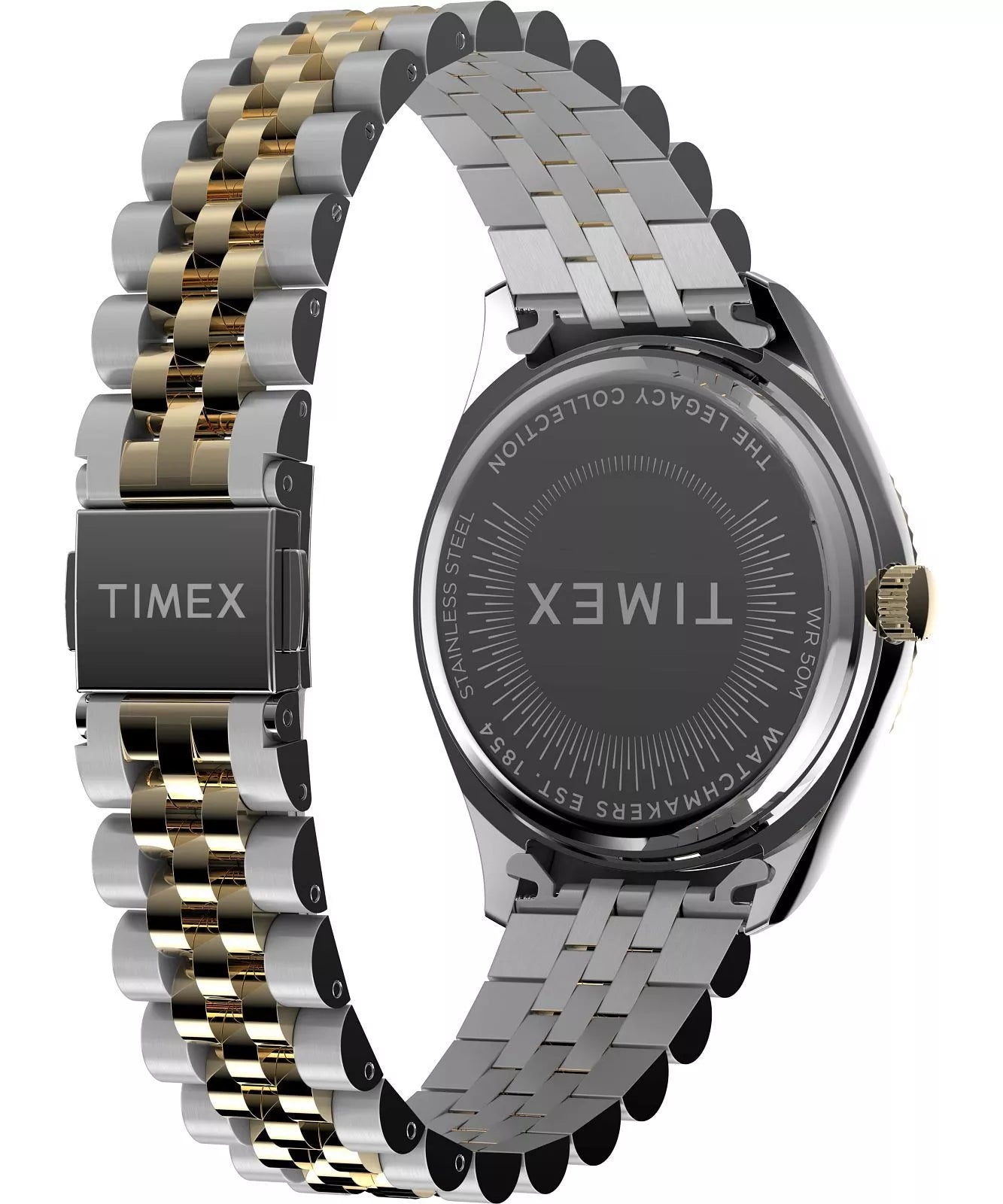 Timex Legacy 36mm Two-tone Case and Bracelet with Green Dial TW2W87400 featuring polished stainless steel.