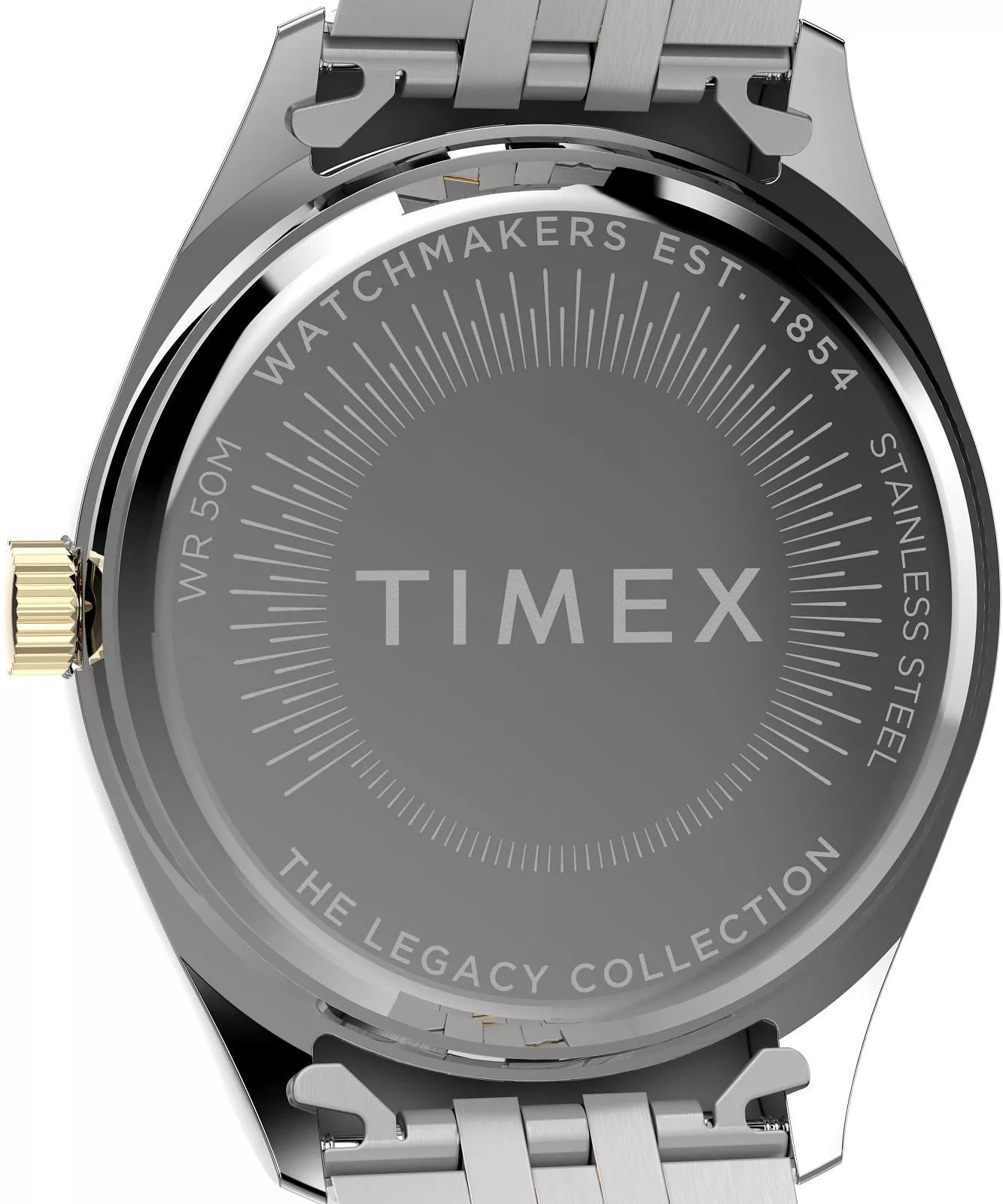 Back case detail of Timex Legacy 36mm Two-tone Case and Bracelet with Green Dial TW2W87400 from Timex.
