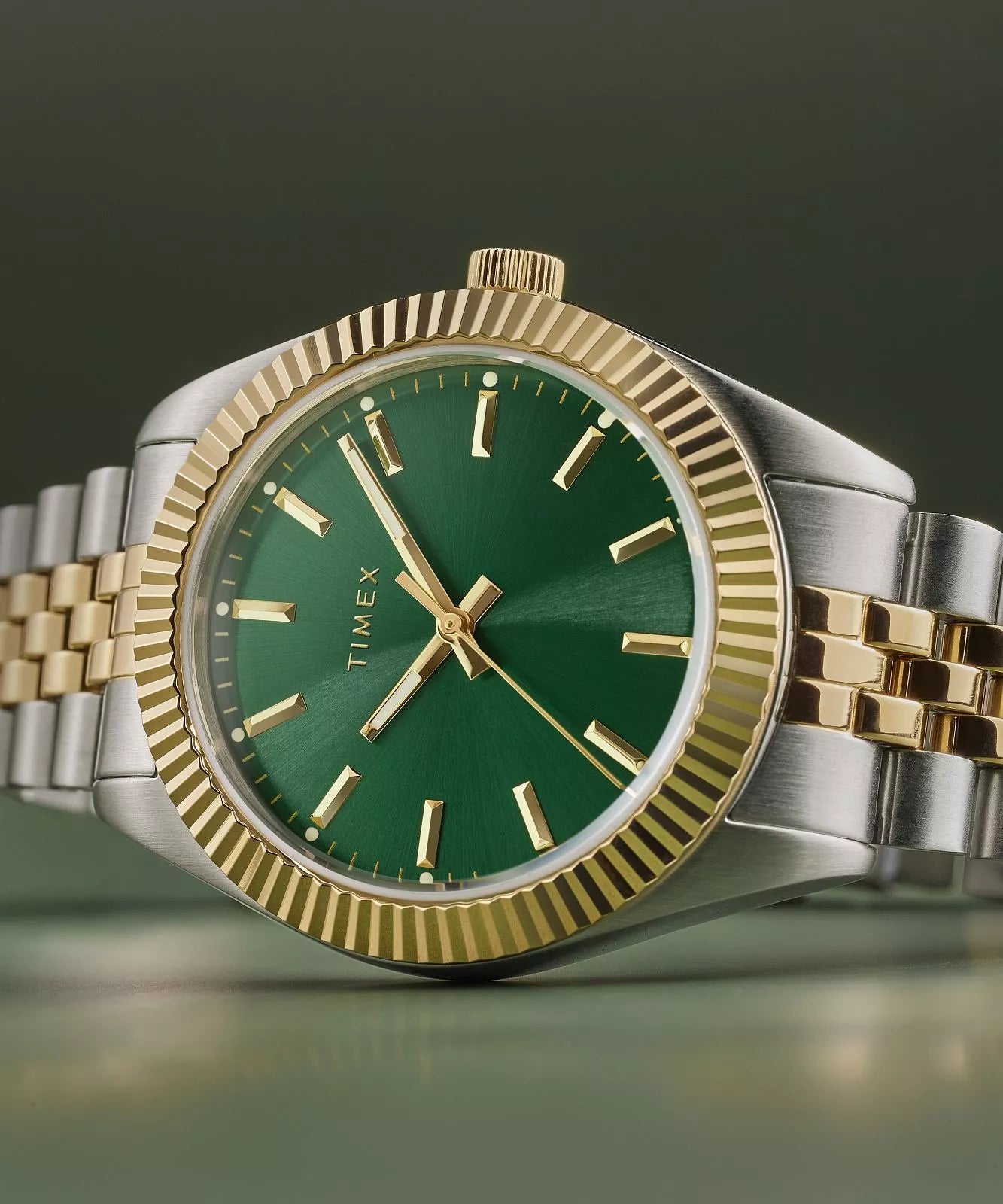 Timex Legacy 36mm Two-tone Case and Bracelet with Green Dial TW2W87400 featuring gold accents and sleek design.