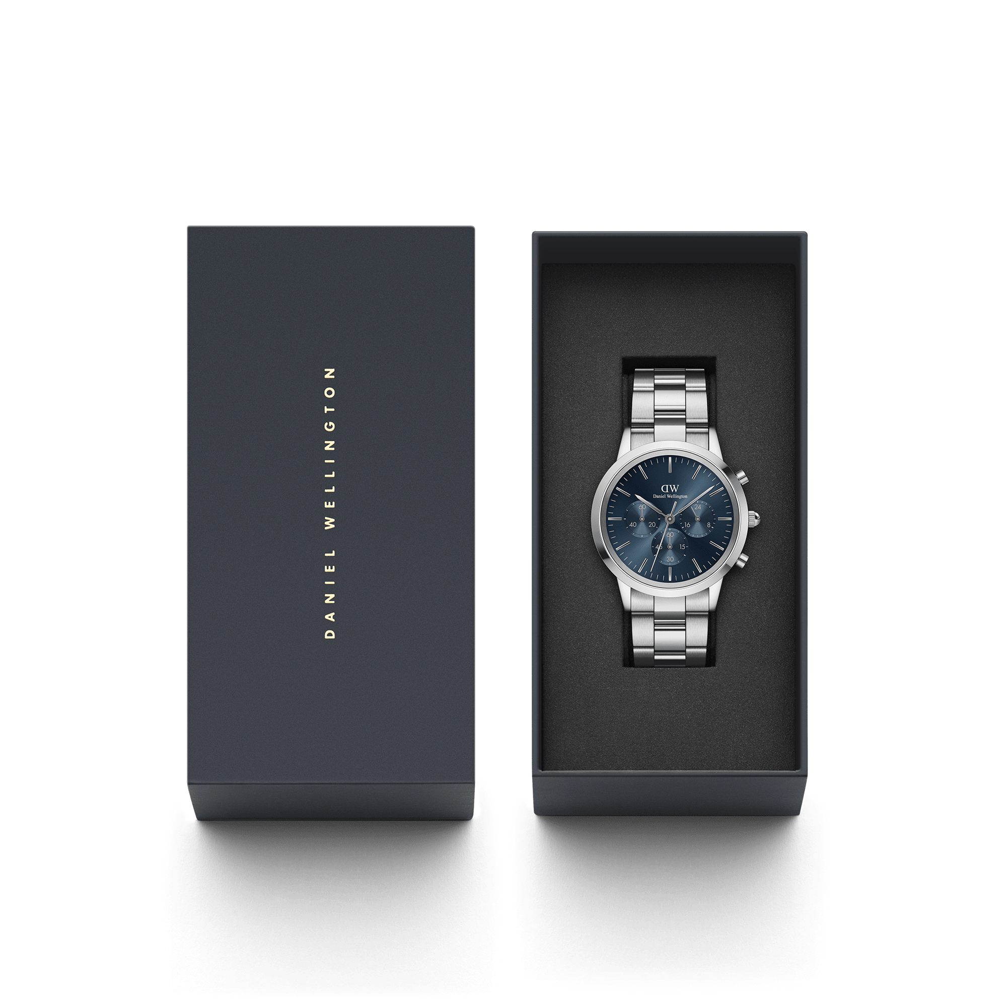 Stainless steel wristwatch with a blue dial in an open presentation box.