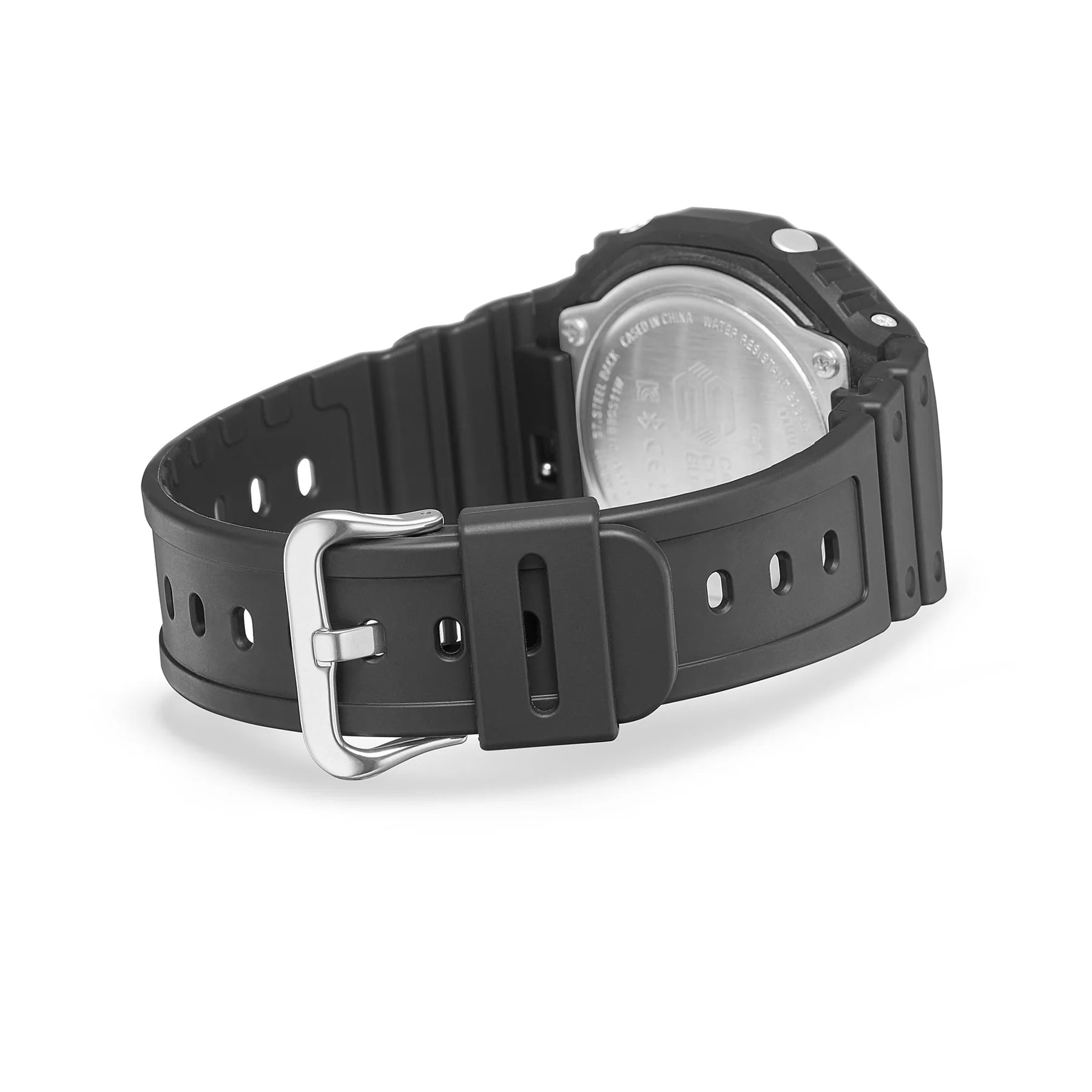 Black rubber watch strap with a silver buckle attached to a watch case.