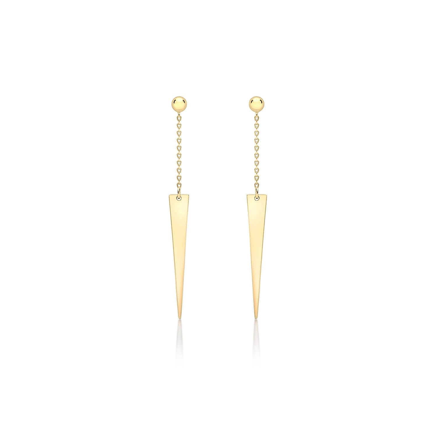 9K Yellow Gold Solid Spear Drop Chain Earrings