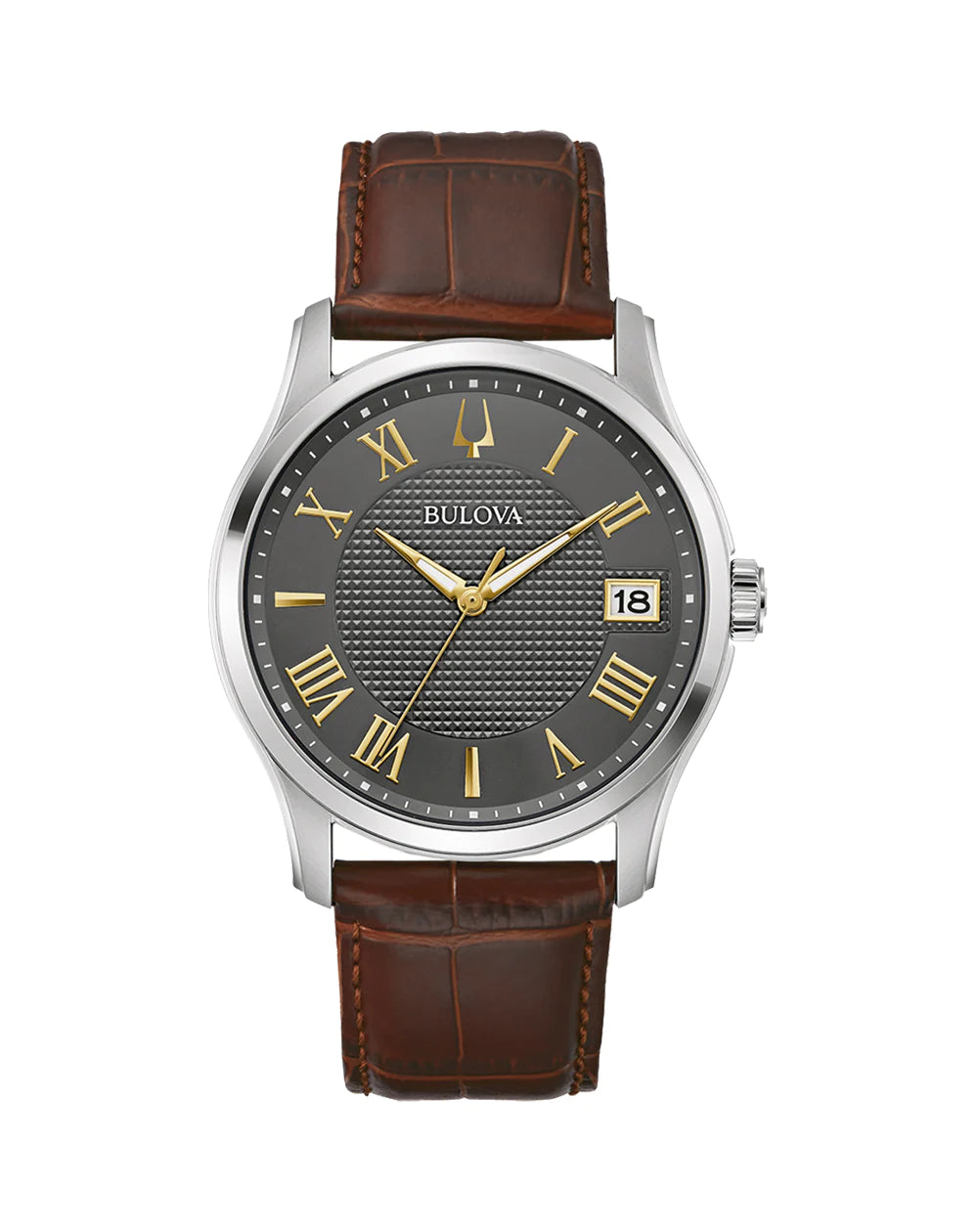 Wristwatch with a brown leather strap and gray dial featuring gold Roman numeral markers.