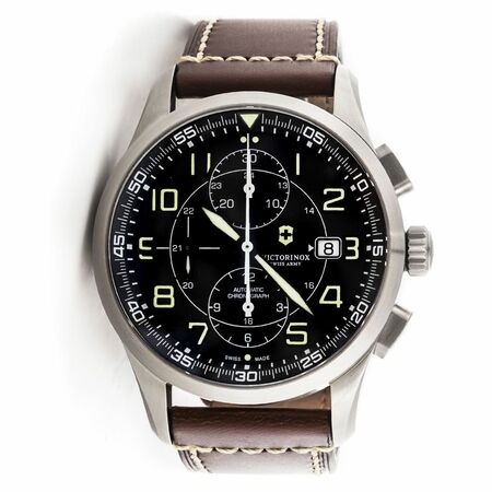 Victorinox Airboss Chronograph Mechanical Black Dial Brown Leather Mens Watch