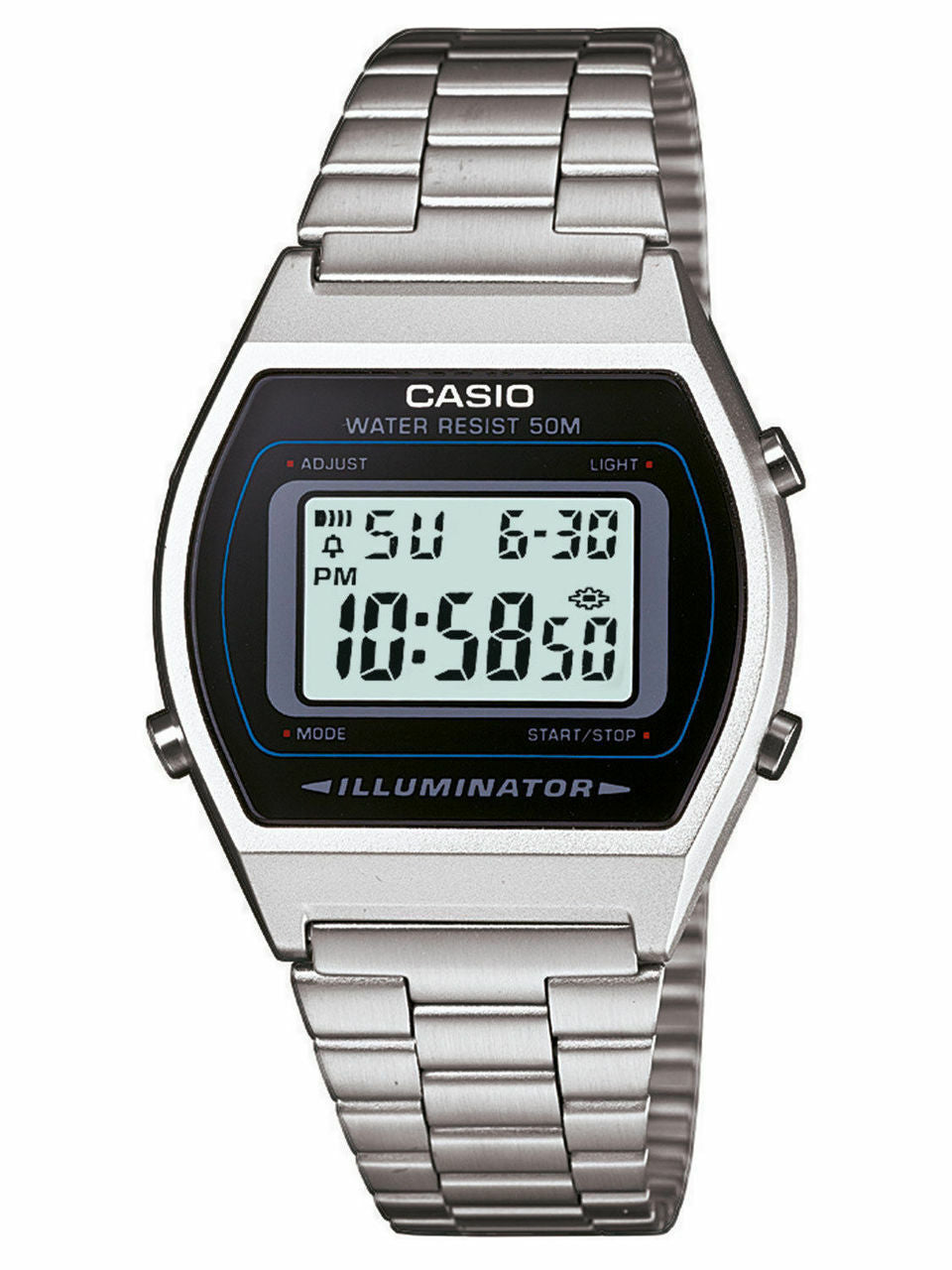 Casio digital wristwatch with a silver metal band and rectangular face.