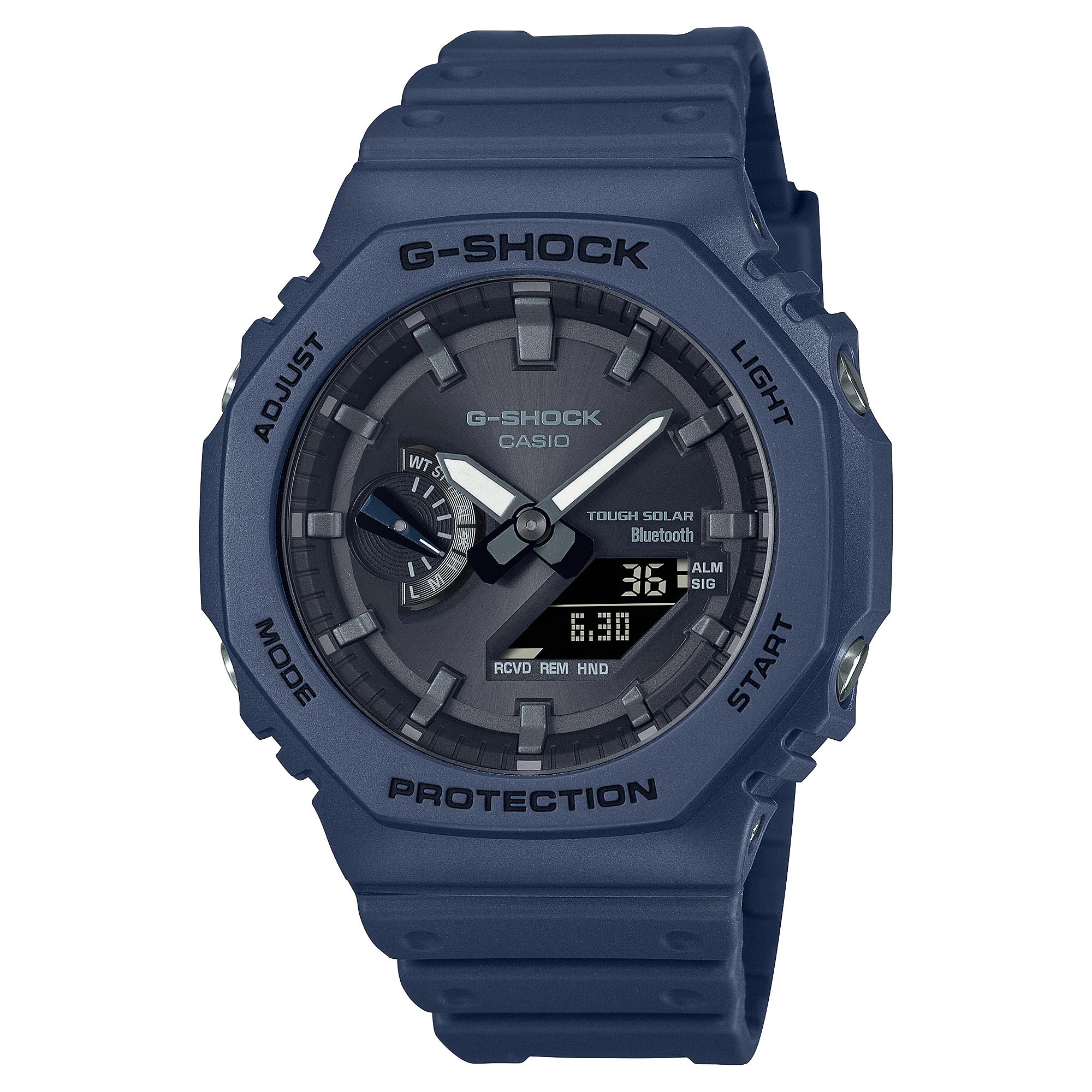 Navy blue G-Shock digital wristwatch with a rugged design and multiple display features.
