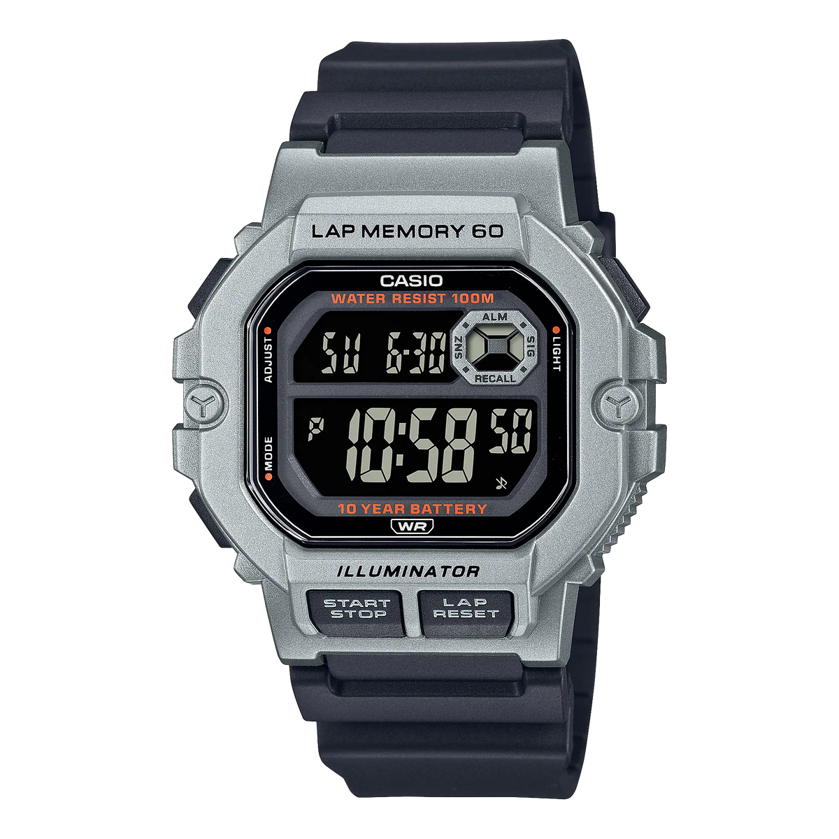 Digital Casio wristwatch with a square face and black resin strap.