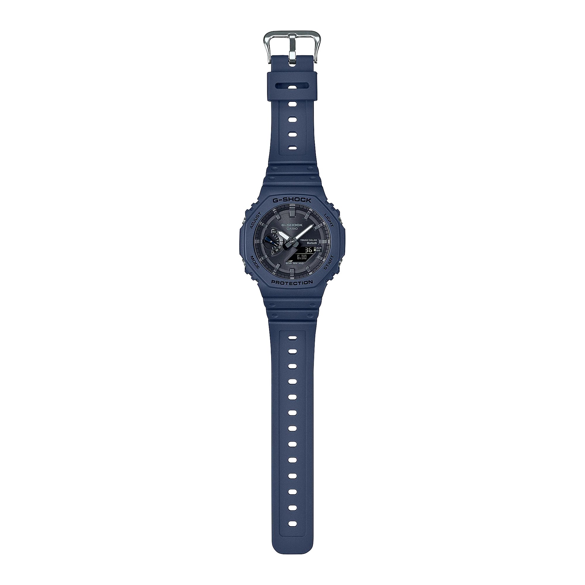 Navy blue digital sports watch with a round face and textured rubber strap.