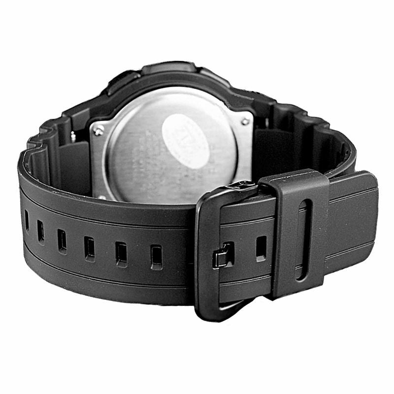 Black digital wristwatch with a round face and thick rubber strap.