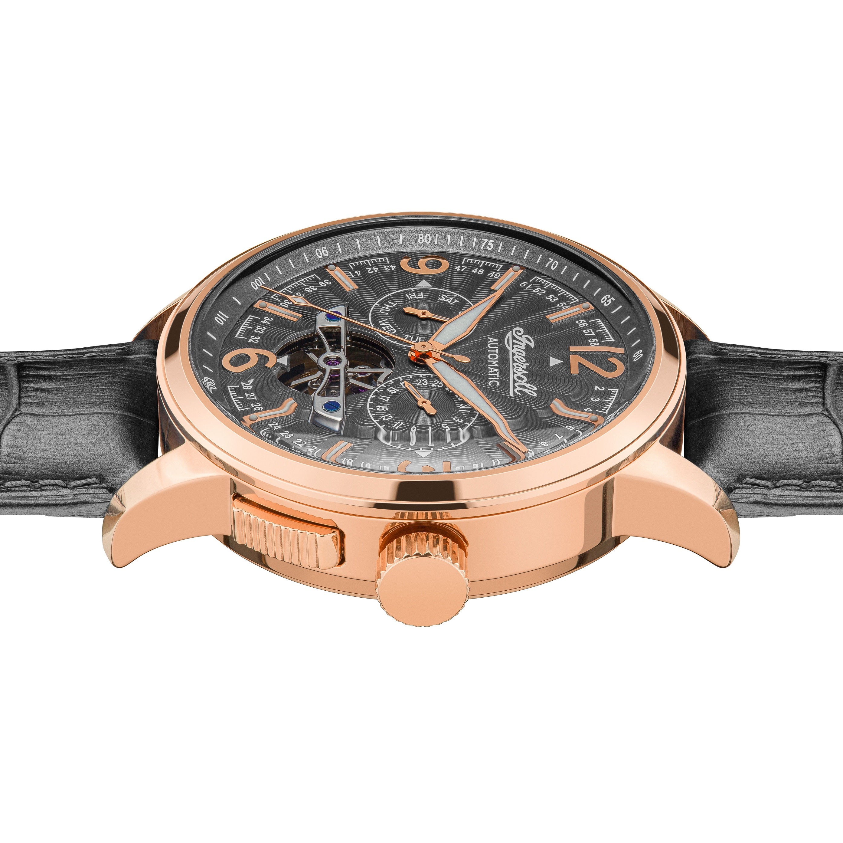 Luxury wristwatch with a rose gold case, black dial, and leather strap.