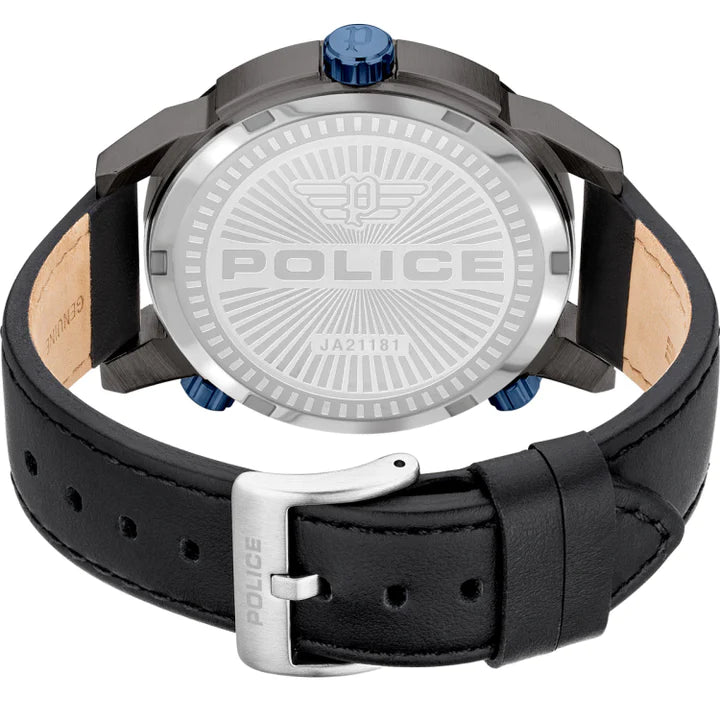 Police-branded wristwatch with a black leather strap and blue crown.