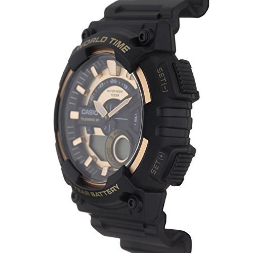 Rugged black and gold wristwatch with a digital-analog hybrid display.