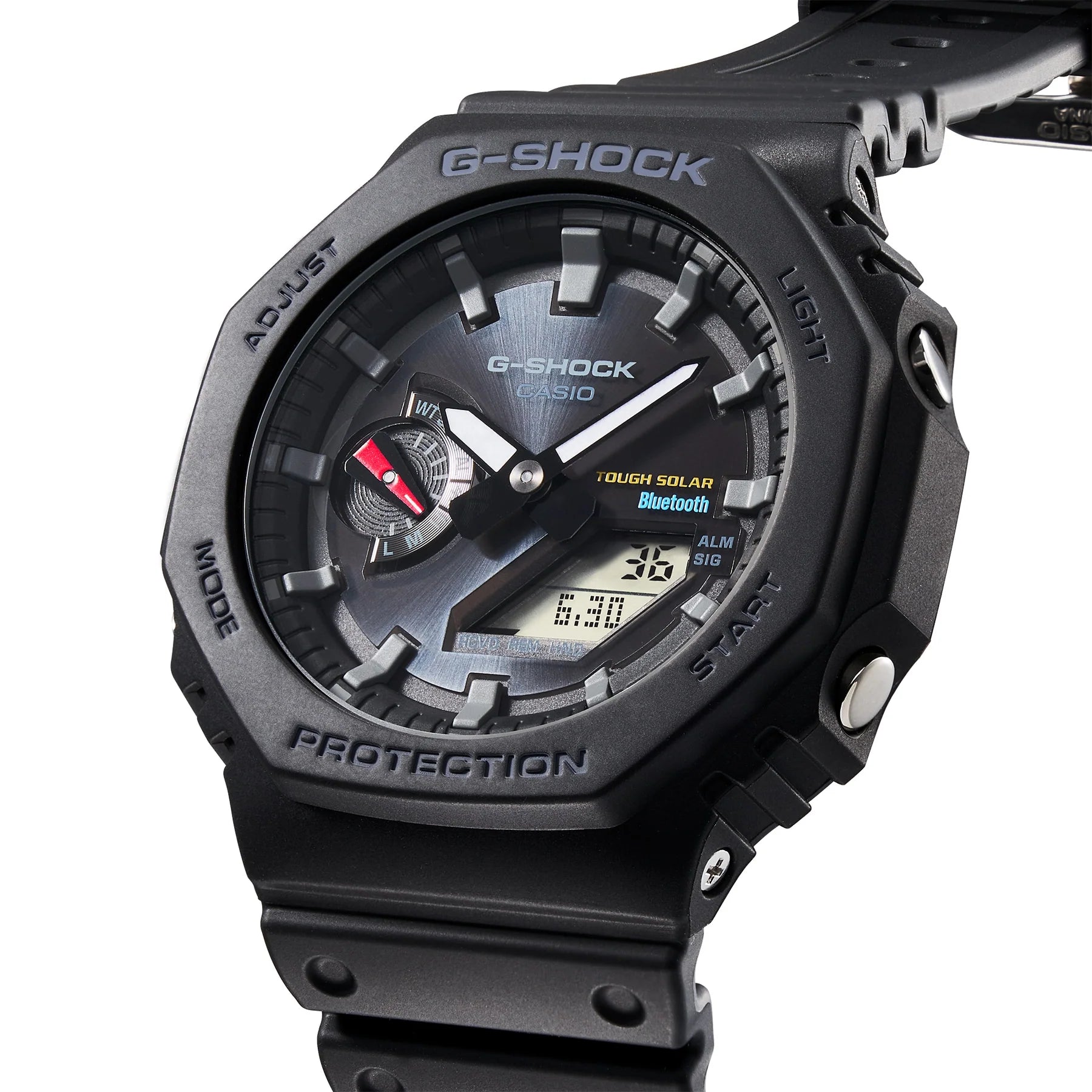 Black G-Shock wristwatch with analog and digital displays.