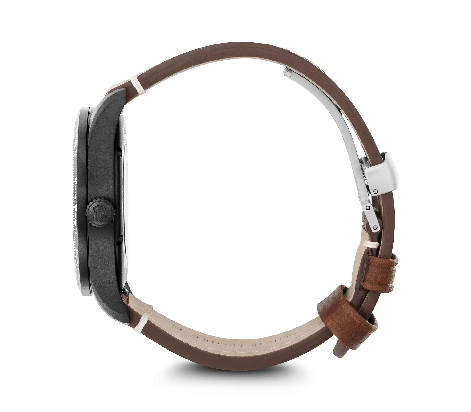 Smartwatch with a brown leather strap and black circular face.