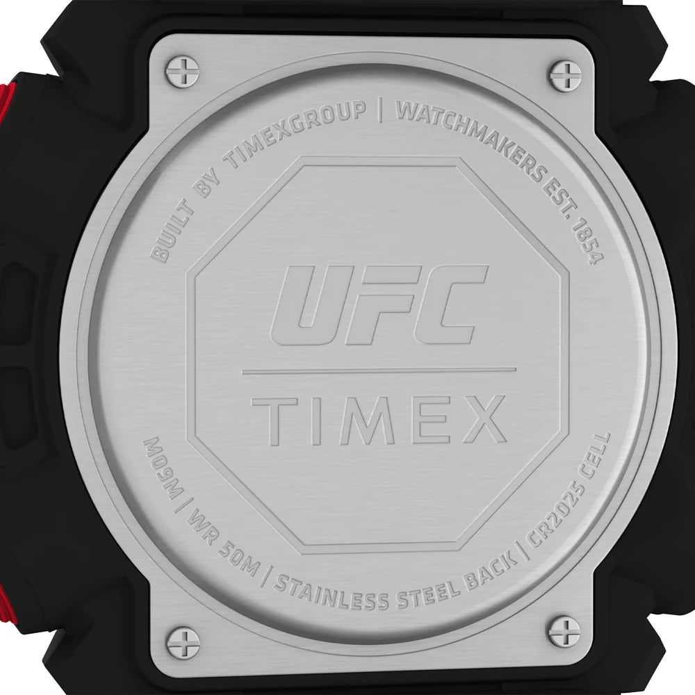Back of a UFC-branded Timex watch, showing the engraved metal case.