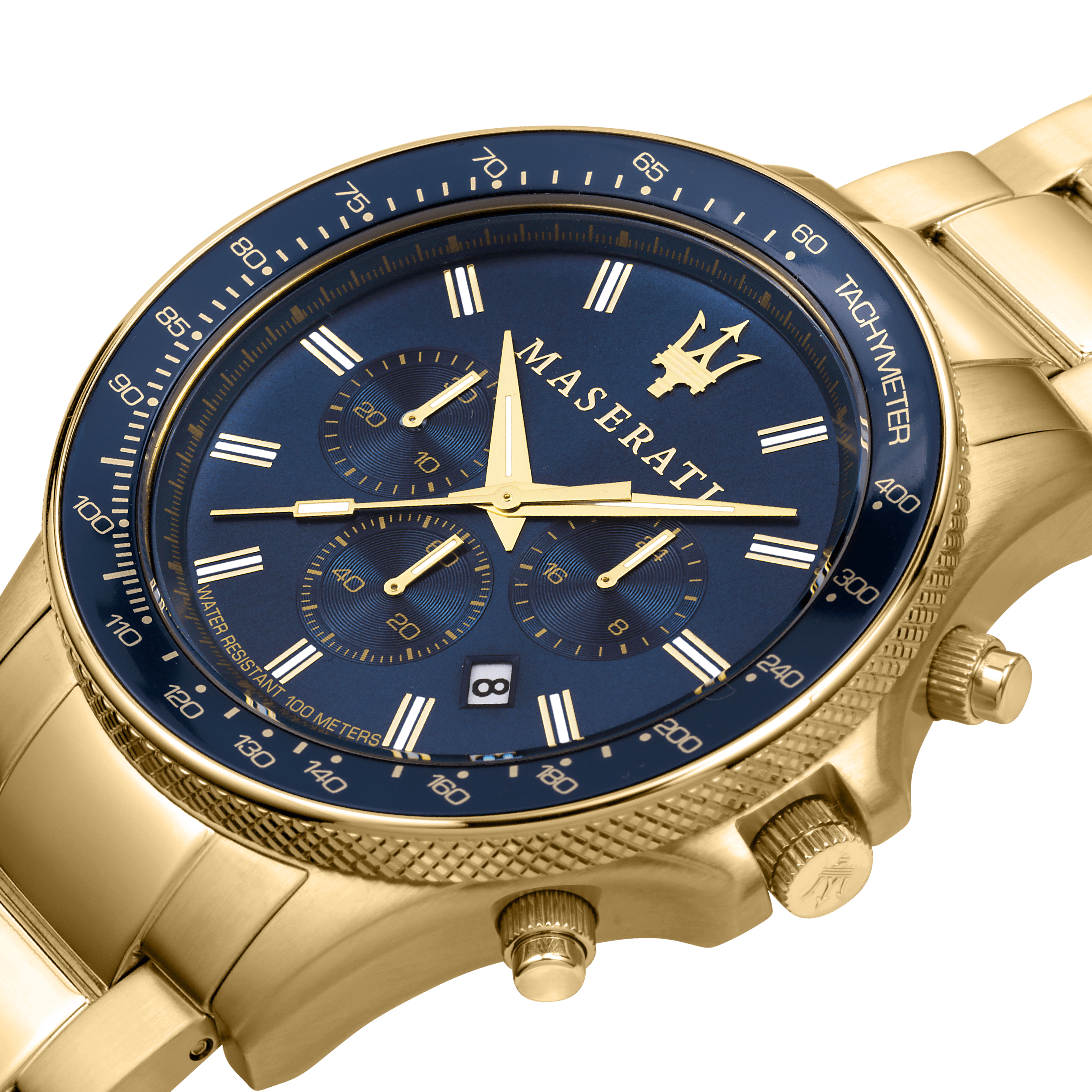 Gold-toned wristwatch with a blue dial featuring chronograph subdials and a tachymeter bezel.