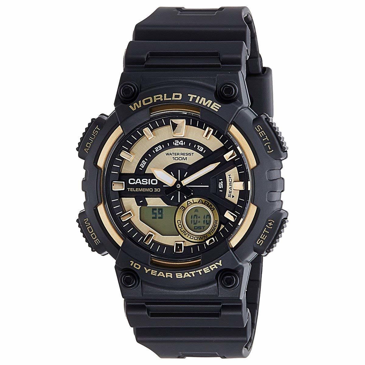 Rugged black and gold Casio digital-analog wristwatch with multiple functions.
