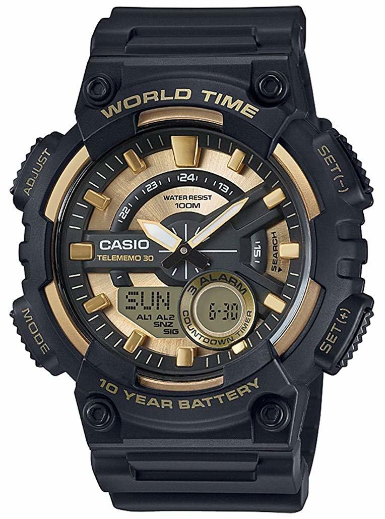 Rugged black and gold Casio wristwatch with multiple digital displays and ’World Time’ feature.