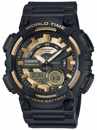 Rugged black and gold Casio wristwatch with multiple digital displays and analog hands.