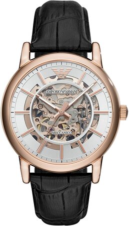 Elegant rose gold skeleton watch with a black leather strap.