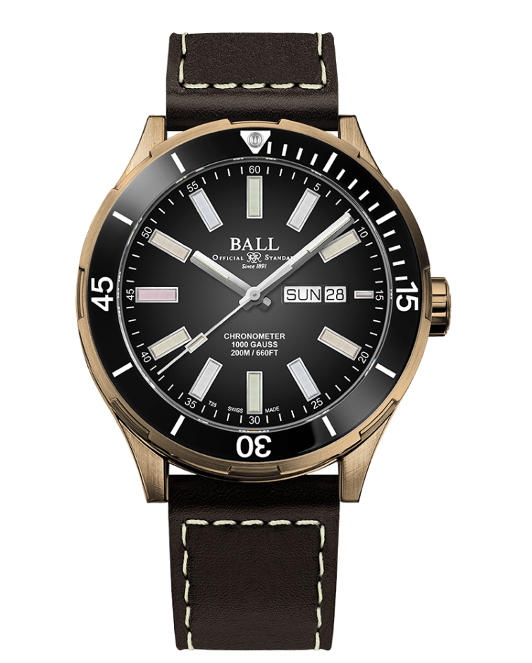 Wristwatch with a black dial, gold-toned case, and brown leather strap.