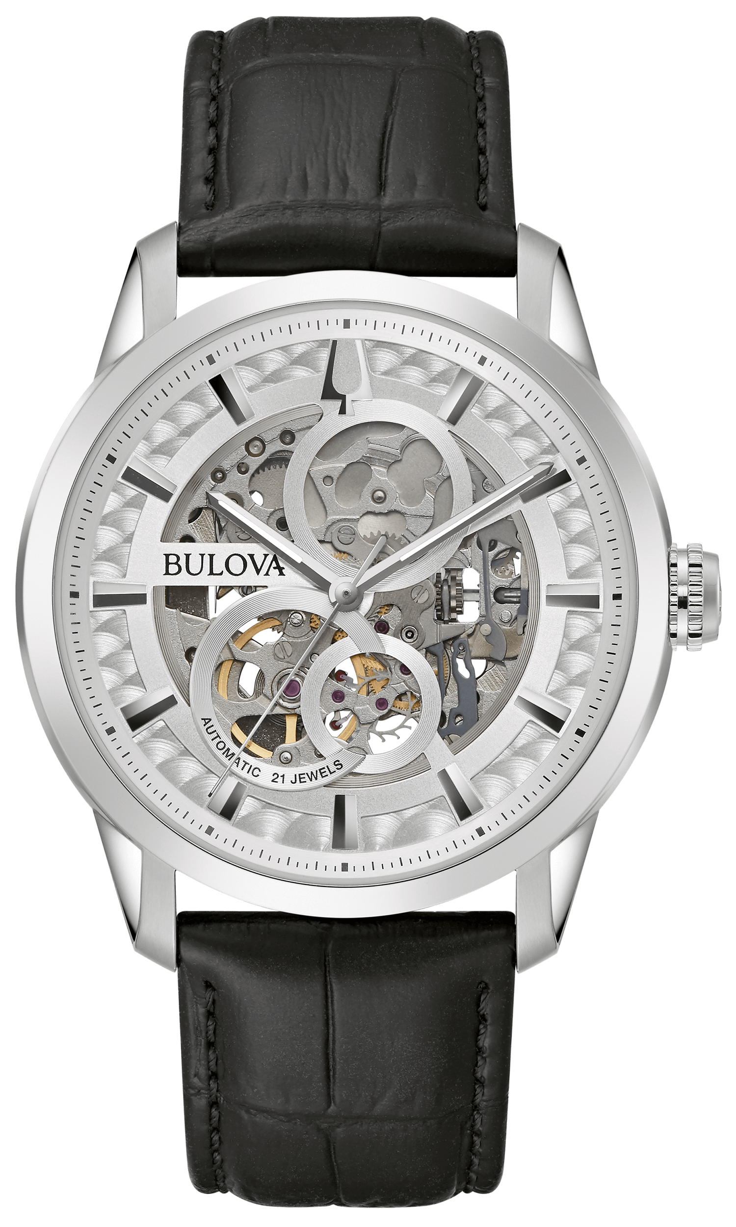 Bulova Sutton Skeleton Automatic Black Leather Band Mens Watch 96A266