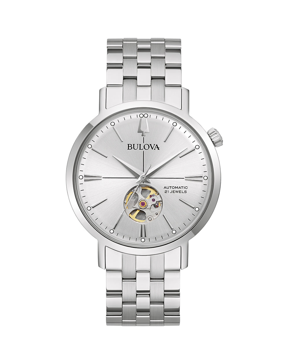Silver-toned wristwatch with a circular face and metal link bracelet.