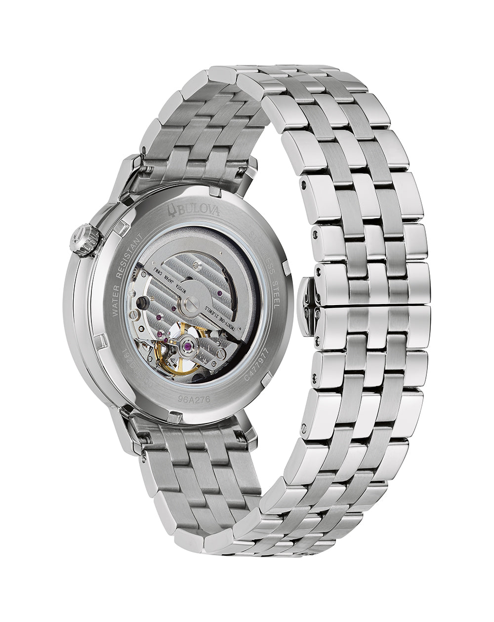 Stainless steel wristwatch with an open case back revealing the movement mechanism.
