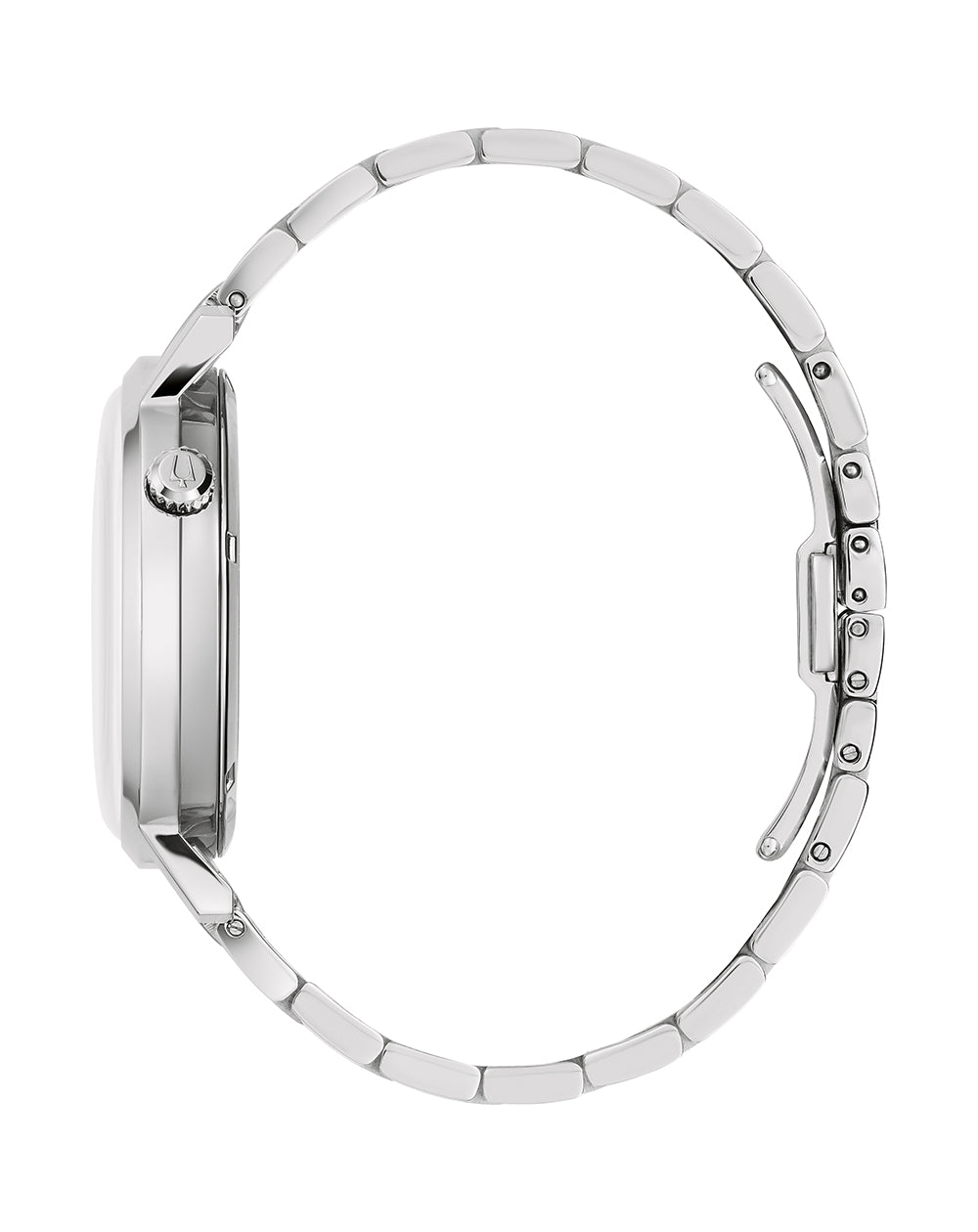 Sleek silver wristwatch with a rectangular face and metal link band.