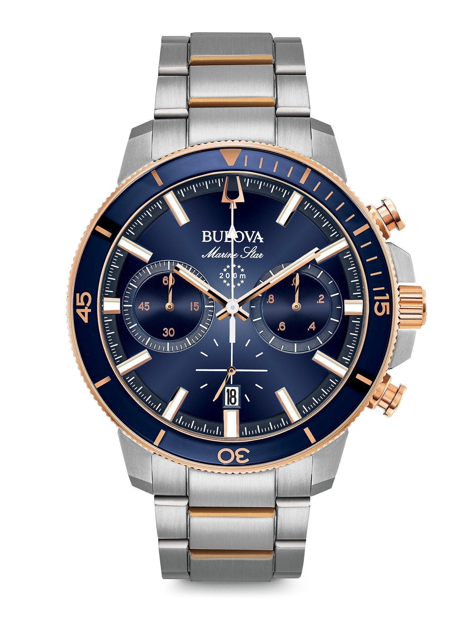 Bulova Marine Star Chronograph Men's Watch 98B301 with blue dial, rose gold-tone bezel, and stainless steel band.