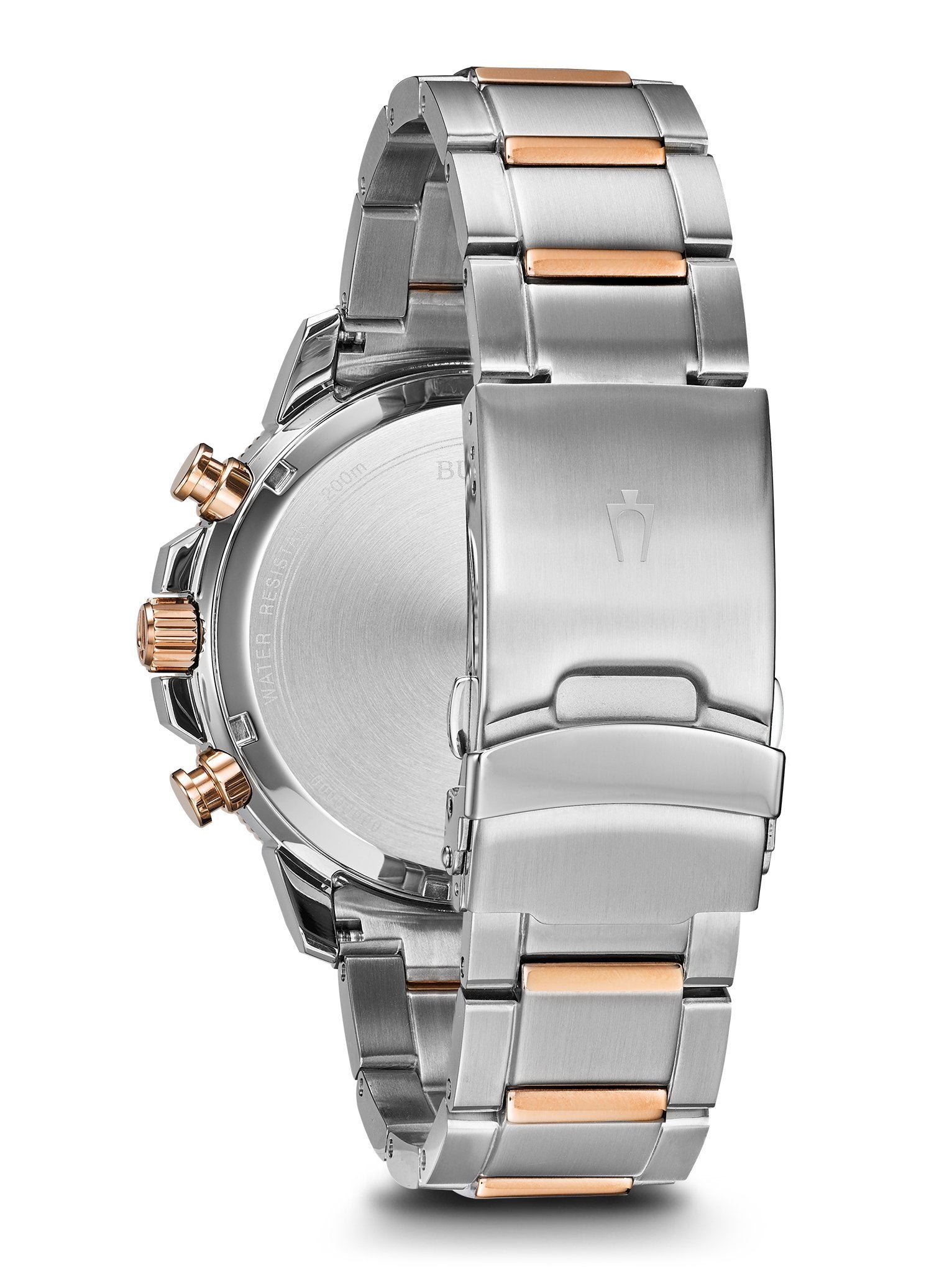 Stainless steel and rose gold clasp detail of Bulova Marine Star Chronograph Men's Watch 98B301 by Bulova.