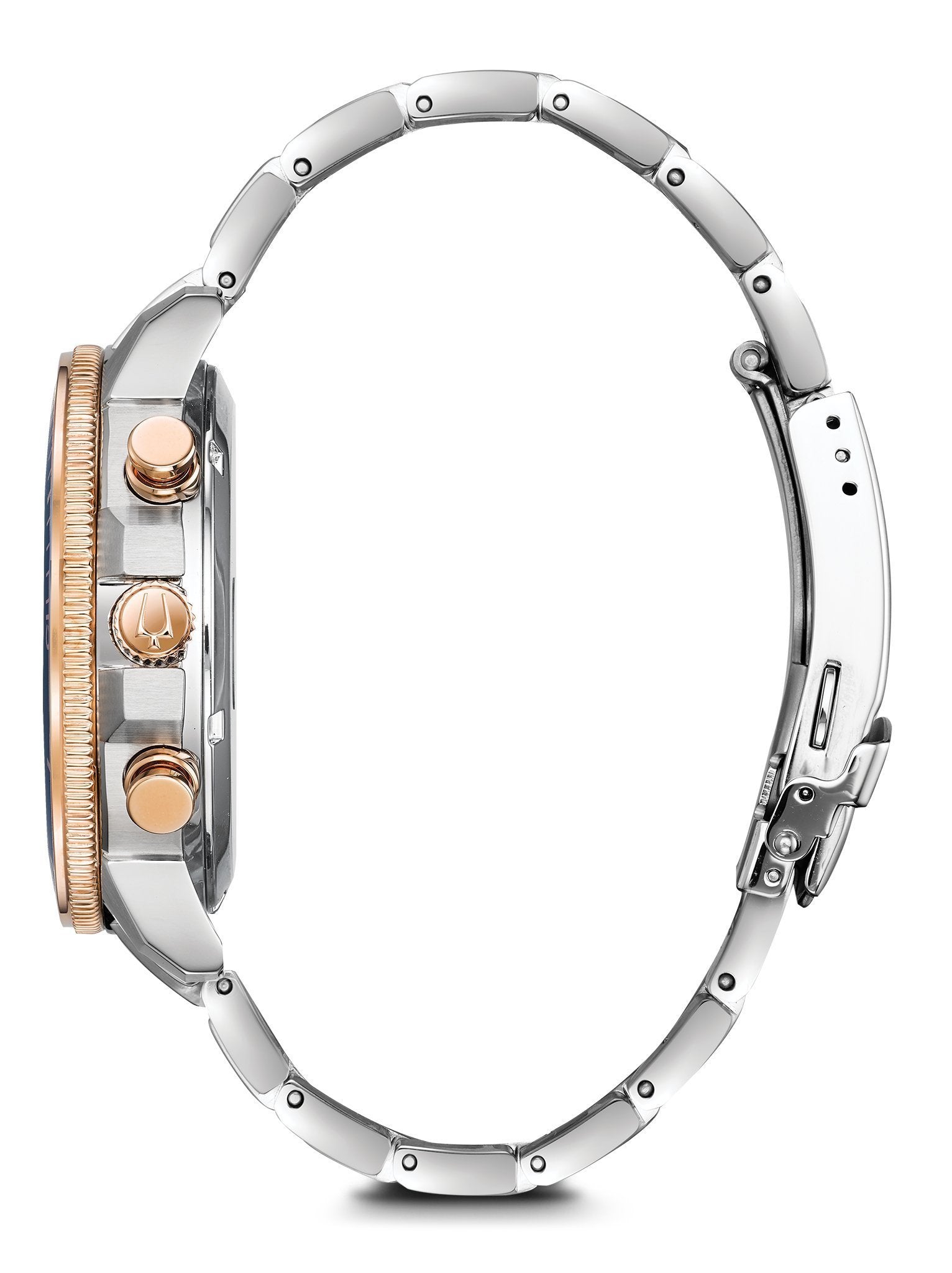 Side view of Bulova Marine Star Chronograph Men's Watch 98B301 with rose gold-tone accents and steel band.