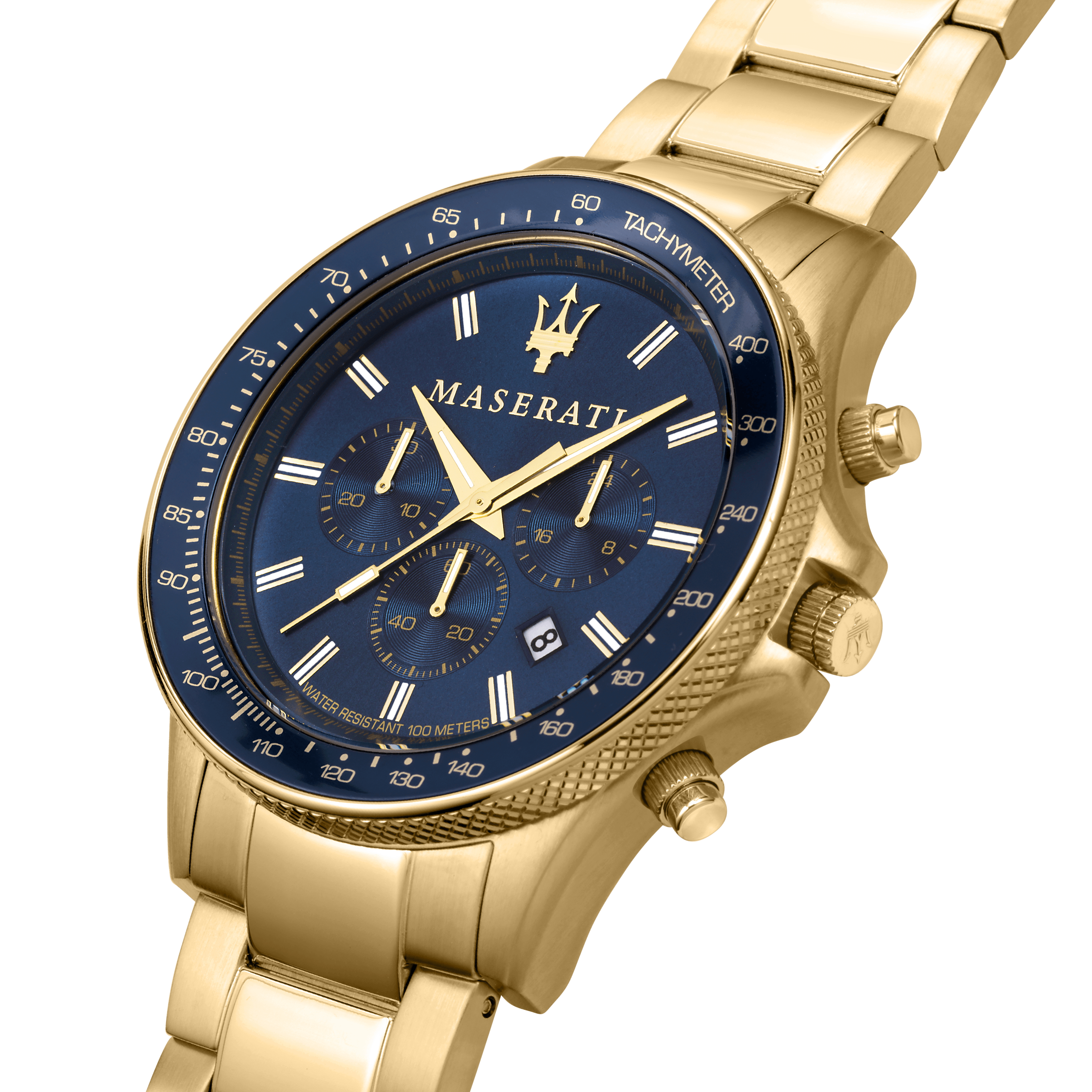 Gold-toned Maserati wristwatch with a blue dial and chronograph features.