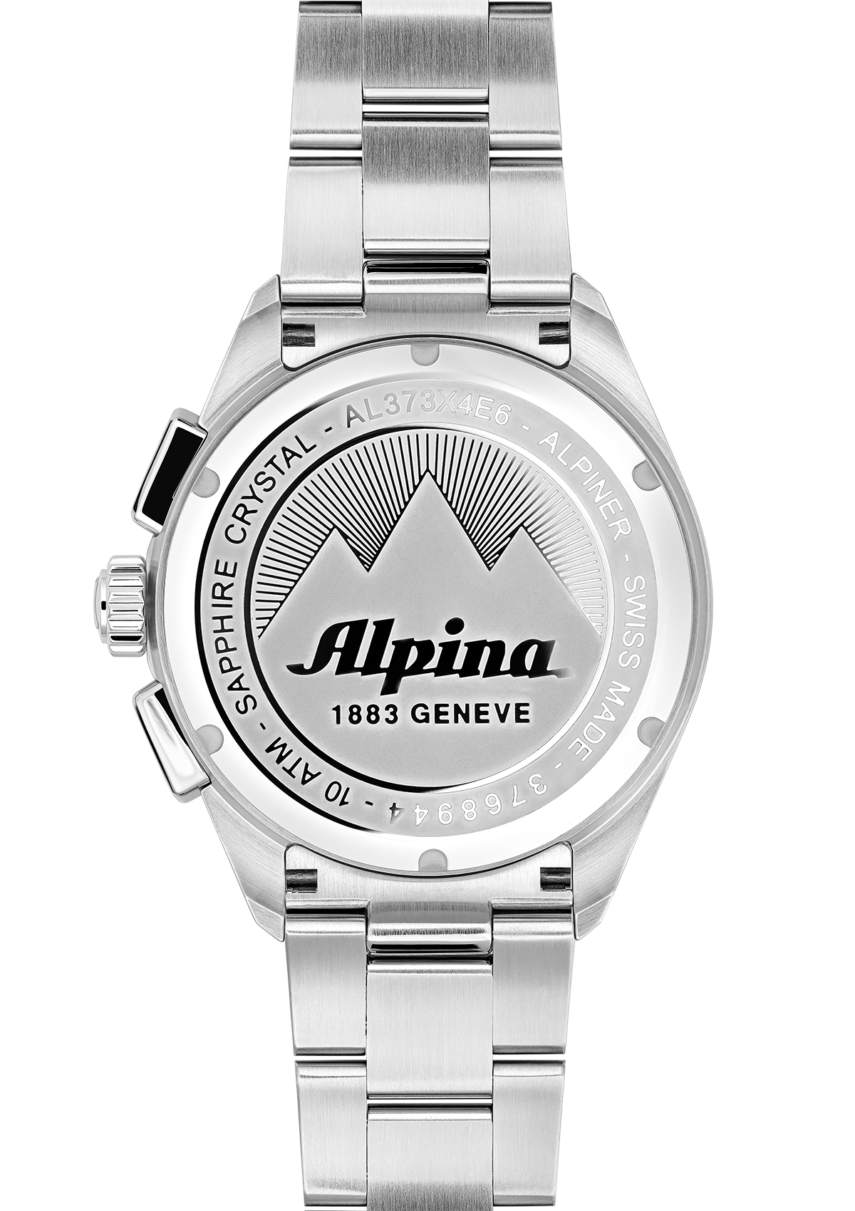 Silver wristwatch with ’Alpina 1883 Geneve’ engraved on its back case.