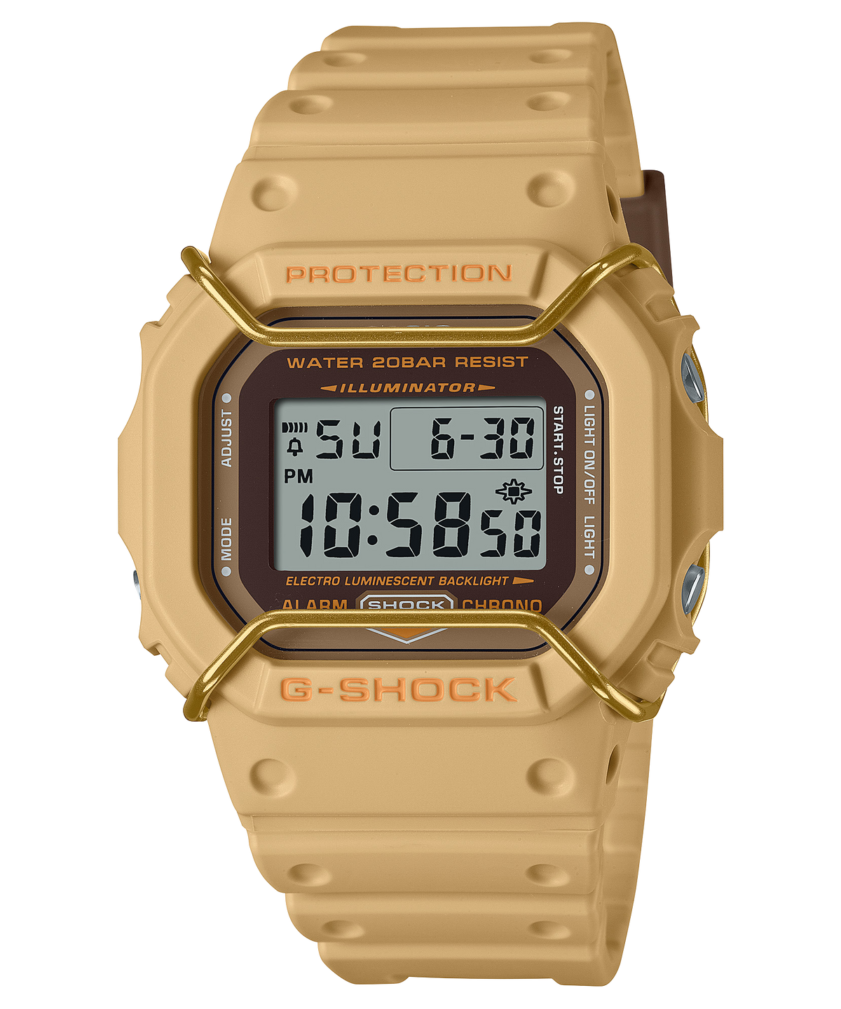 Tan digital wristwatch with a square face and protective casing.