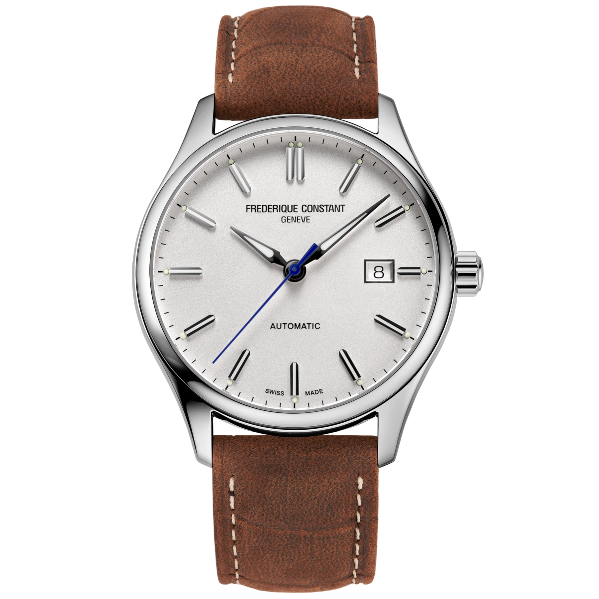 Elegant wristwatch with a white dial, silver case, and brown leather strap.