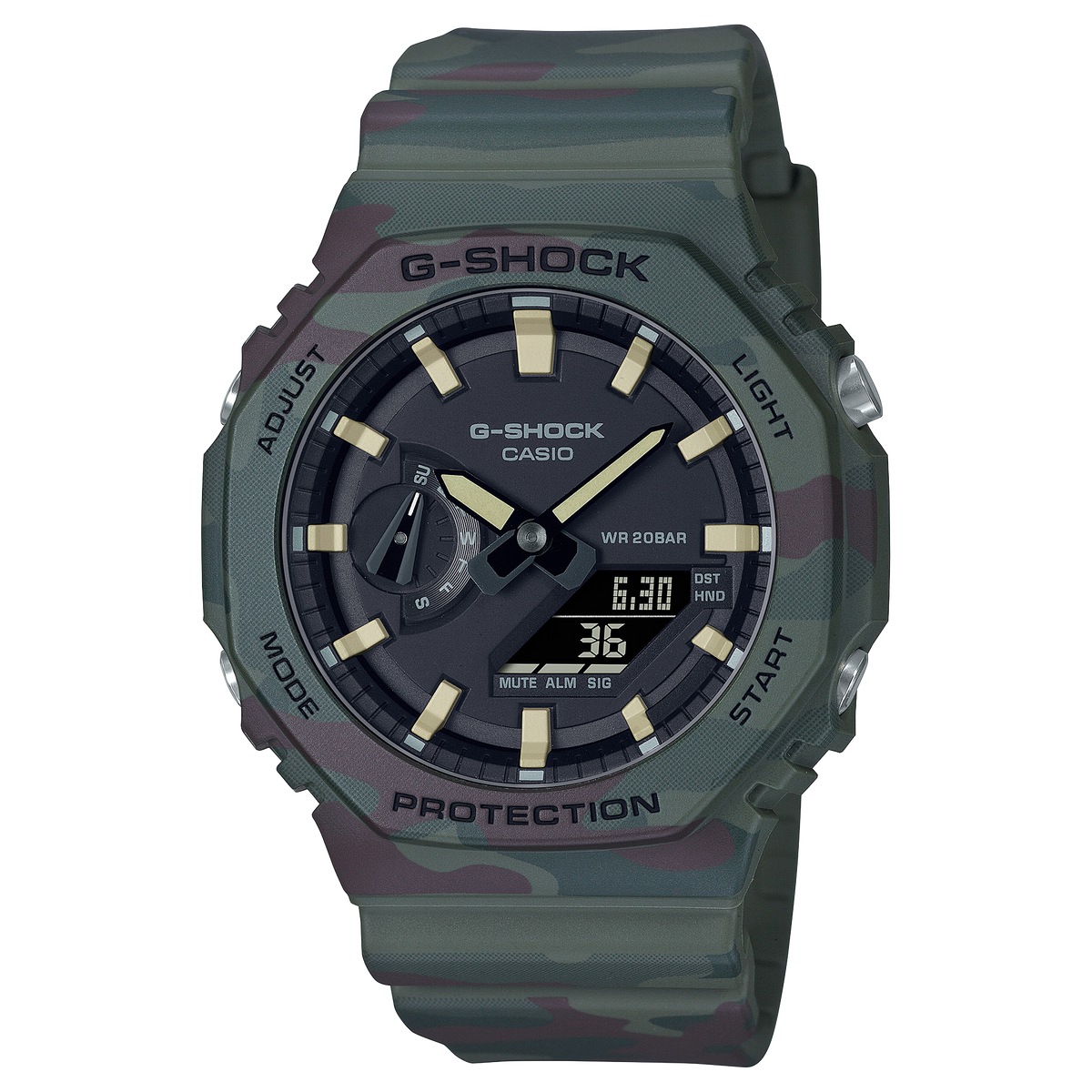 G-Shock wristwatch with a dark green band and black dial face.