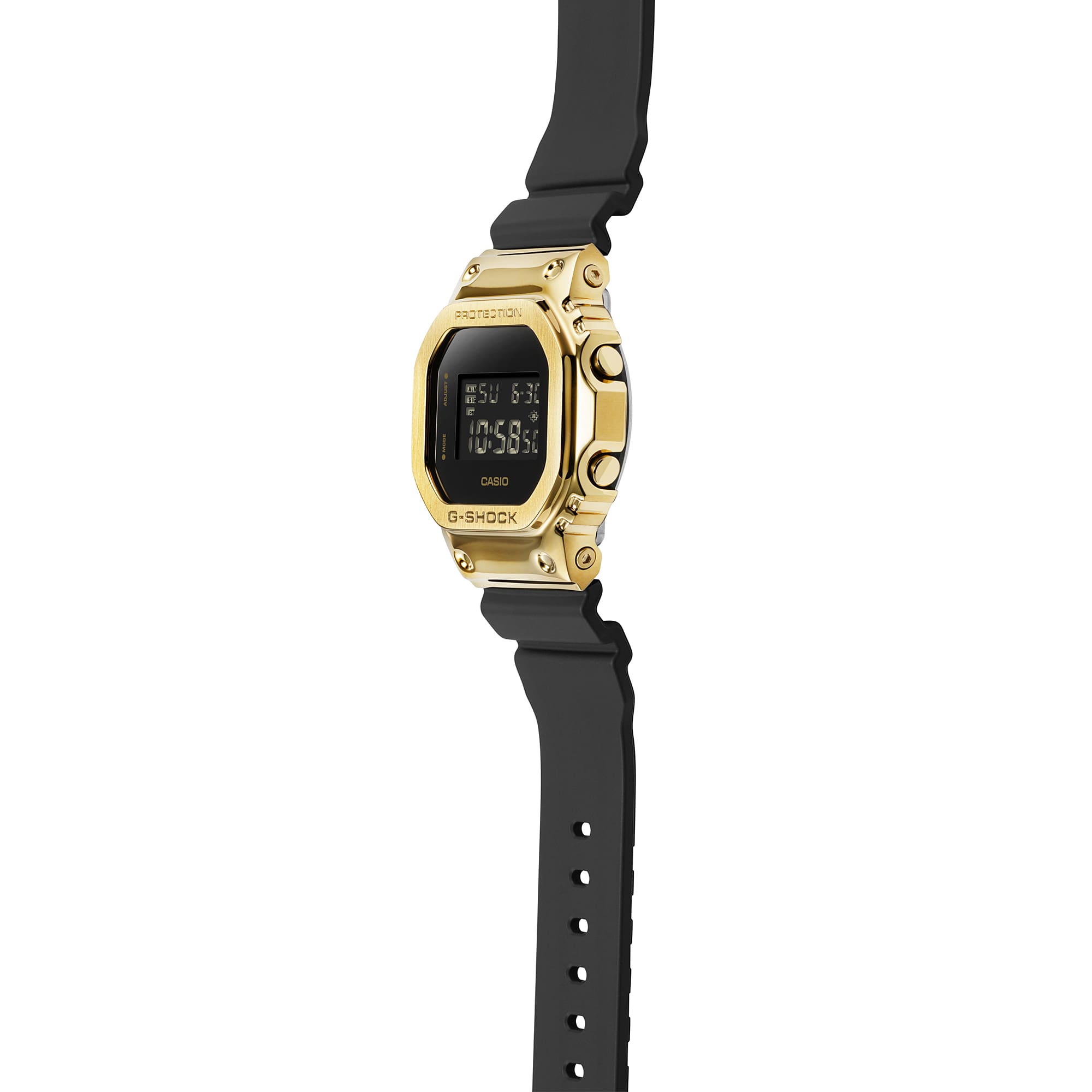 Gold-toned digital wristwatch with a black rubber strap.