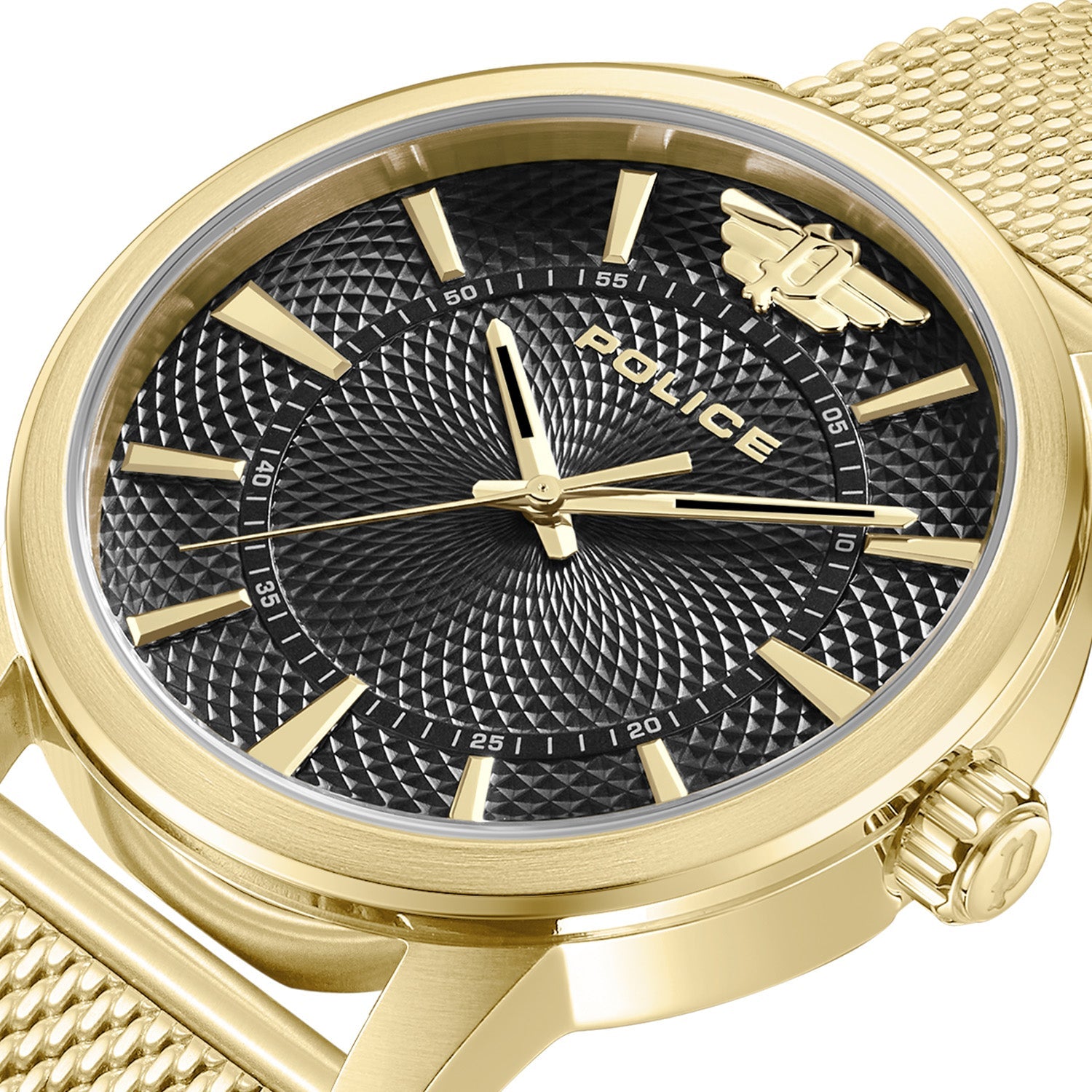 Gold-toned wristwatch with a black textured dial and mesh band.