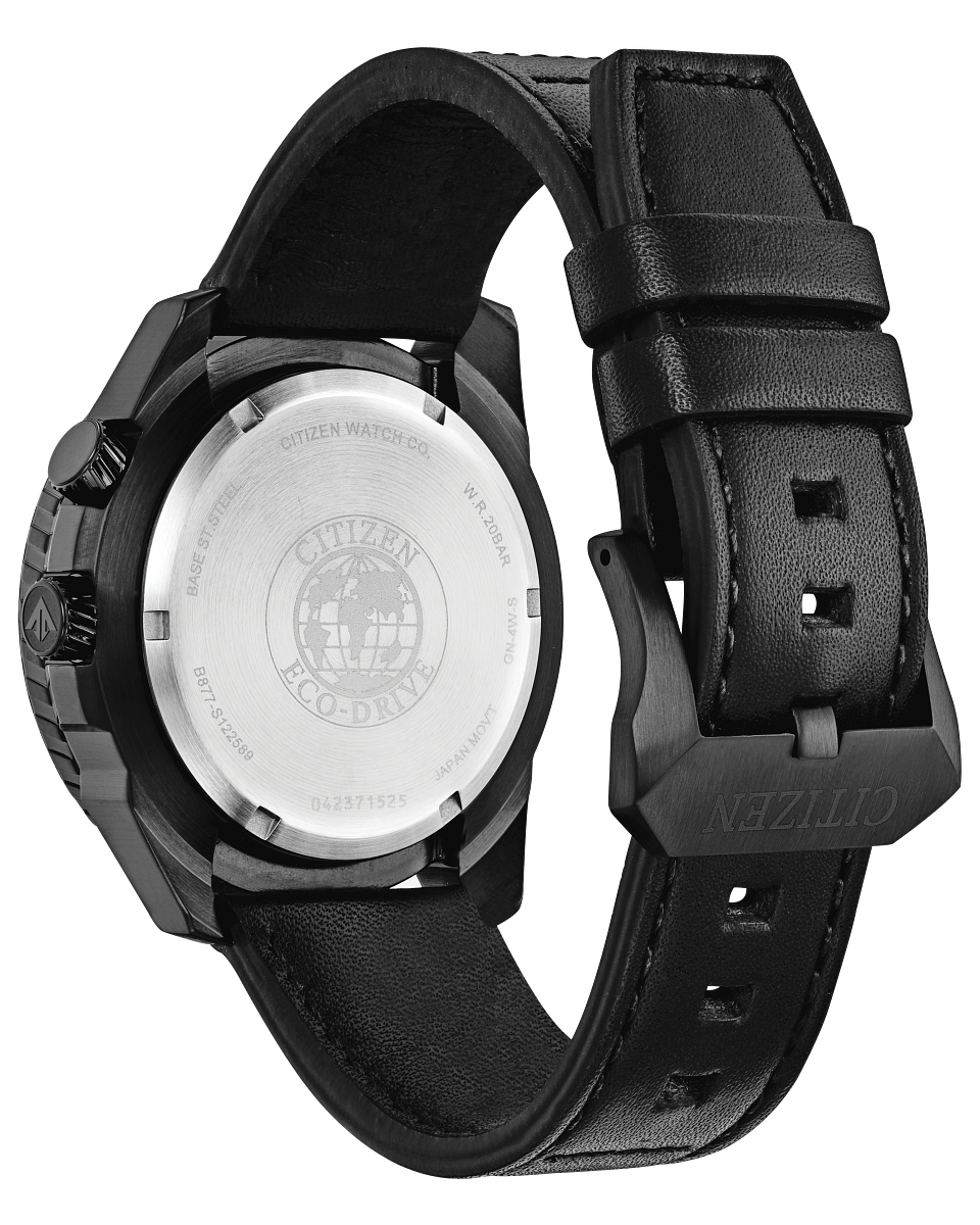 Wristwatch with a black leather strap and visible caseback.