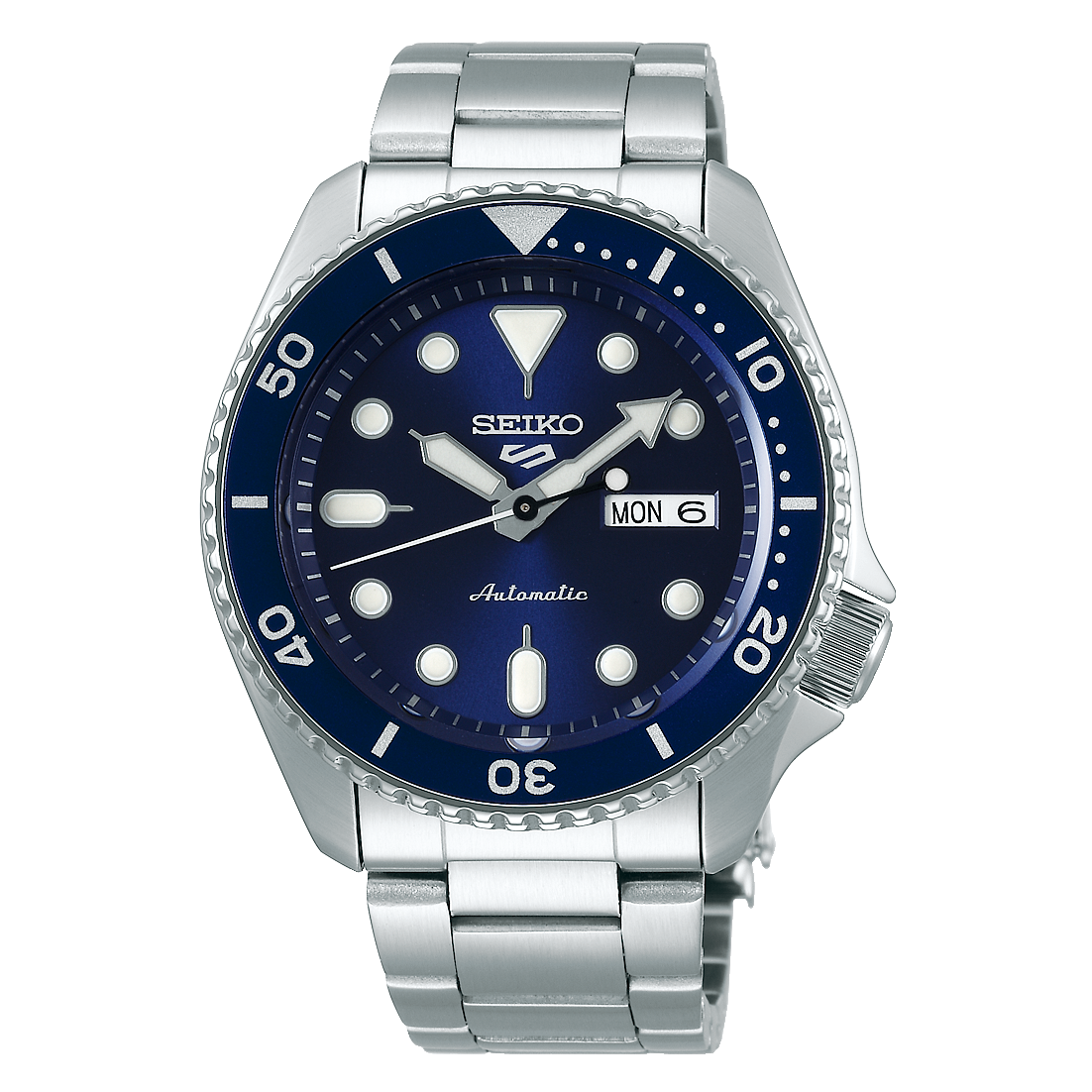 Seiko 5 Sports automatic dive watch with a blue dial and stainless steel bracelet.